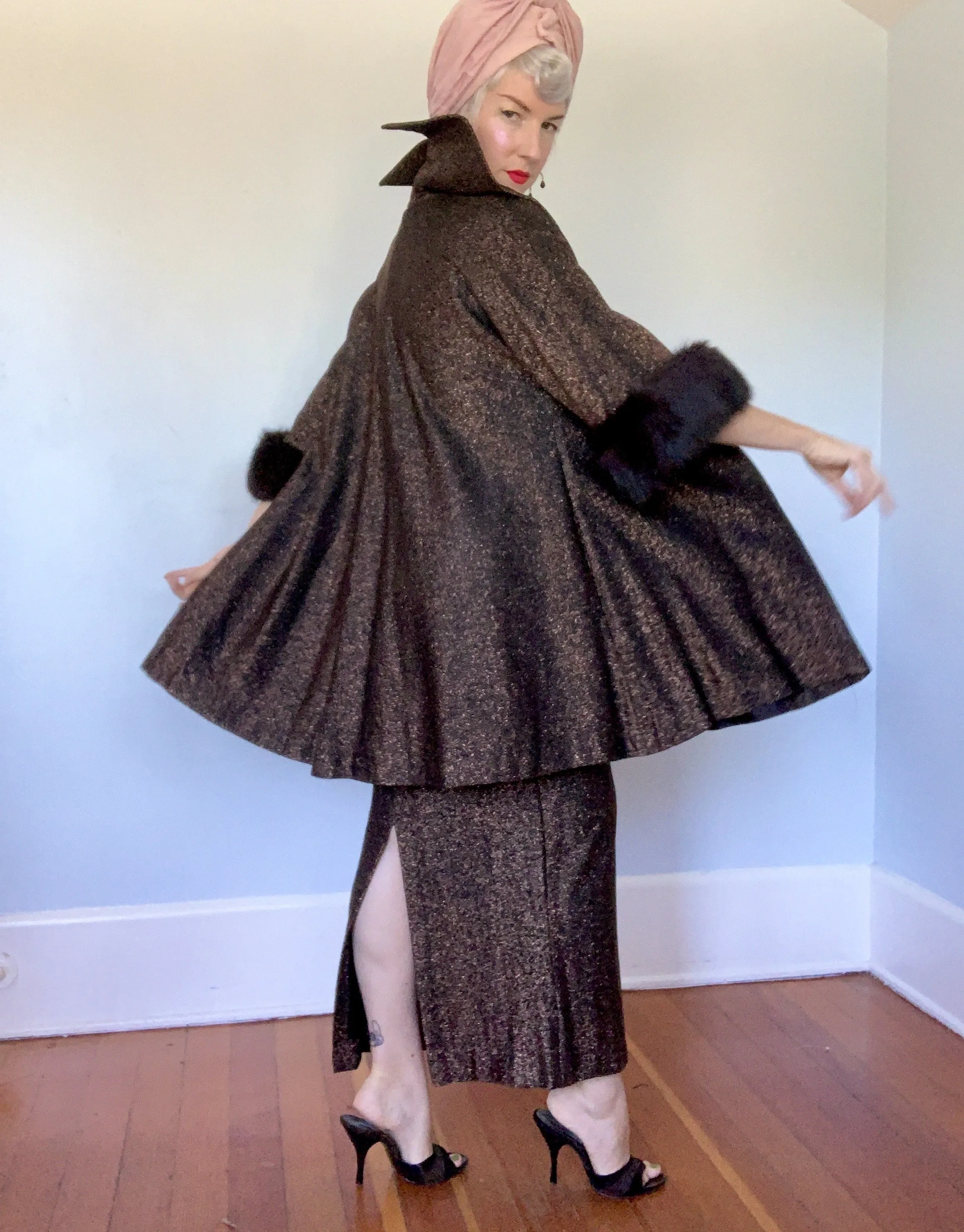 1950s 2 Piece Metallic Bronze Lurex Hourglass Evening Gown & Trapeze Coat w/ Fox Fur Trim by "Claralura Originals California"