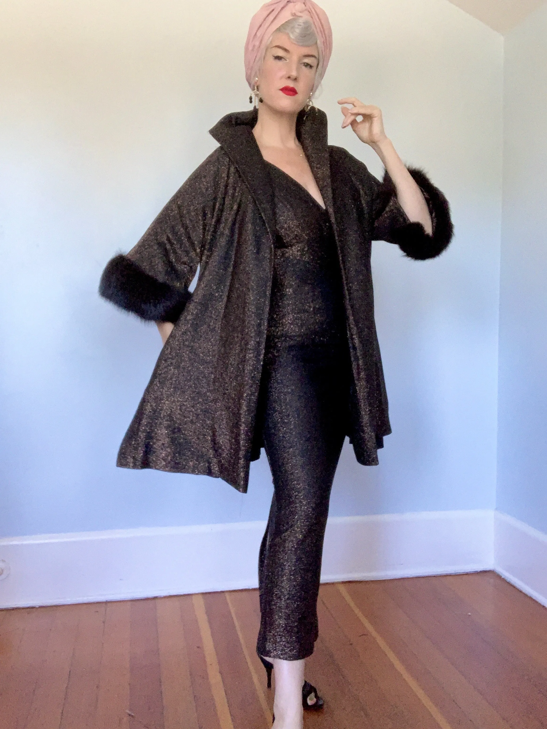 1950s 2 Piece Metallic Bronze Lurex Hourglass Evening Gown & Trapeze Coat w/ Fox Fur Trim by "Claralura Originals California"