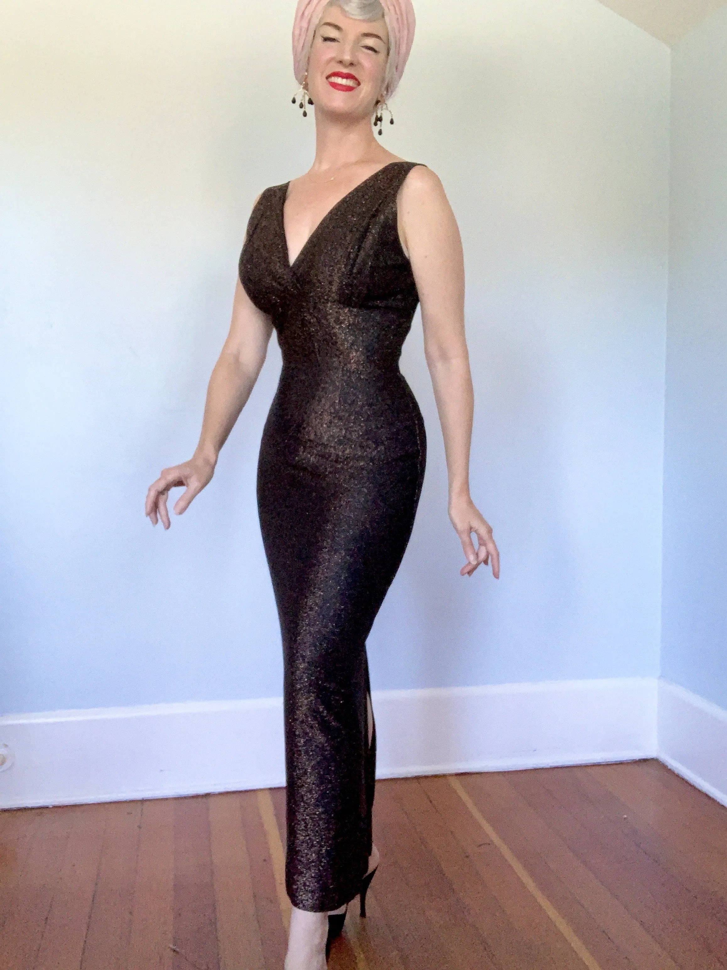 1950s 2 Piece Metallic Bronze Lurex Hourglass Evening Gown & Trapeze Coat w/ Fox Fur Trim by "Claralura Originals California"