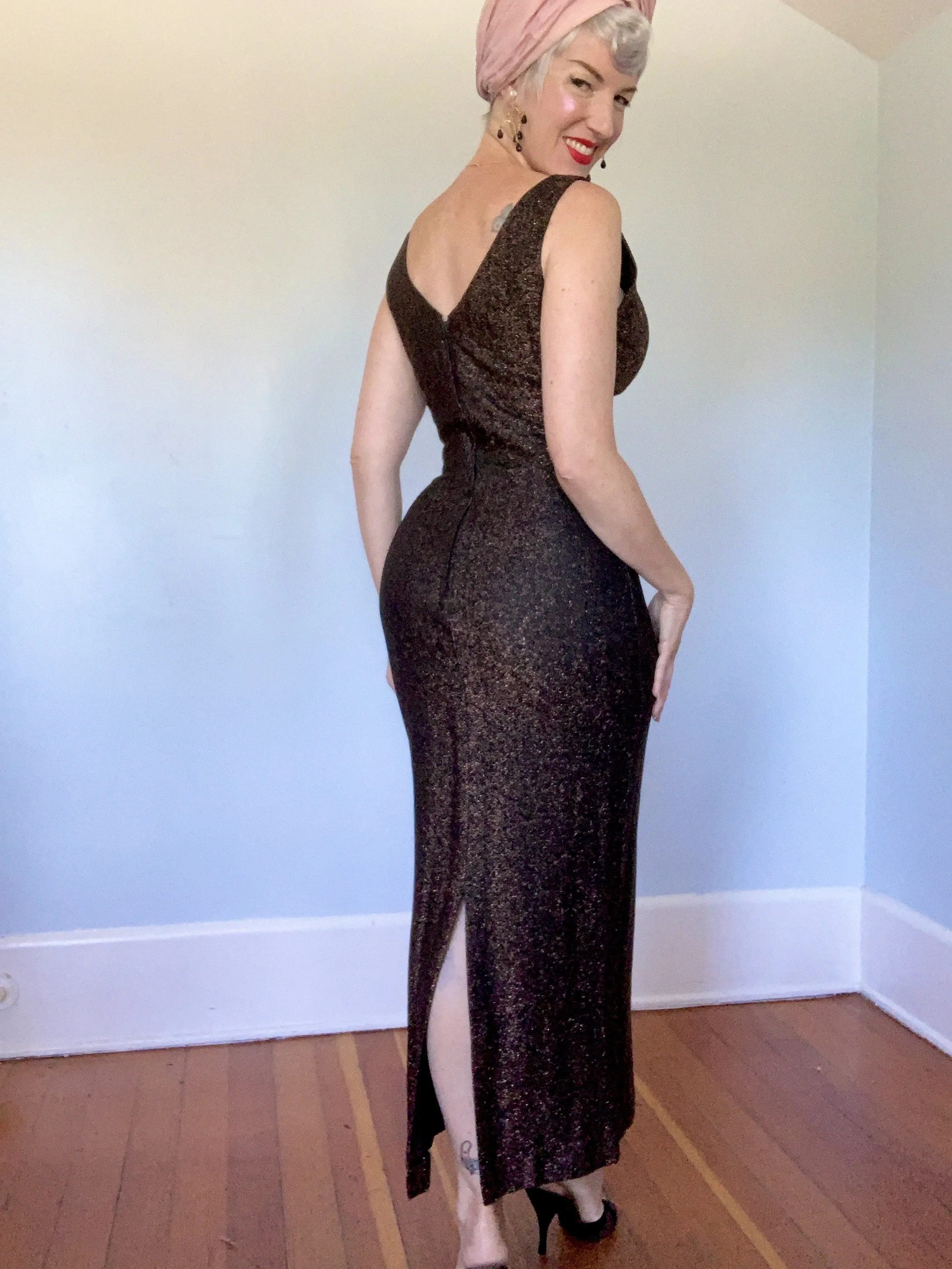 1950s 2 Piece Metallic Bronze Lurex Hourglass Evening Gown & Trapeze Coat w/ Fox Fur Trim by "Claralura Originals California"