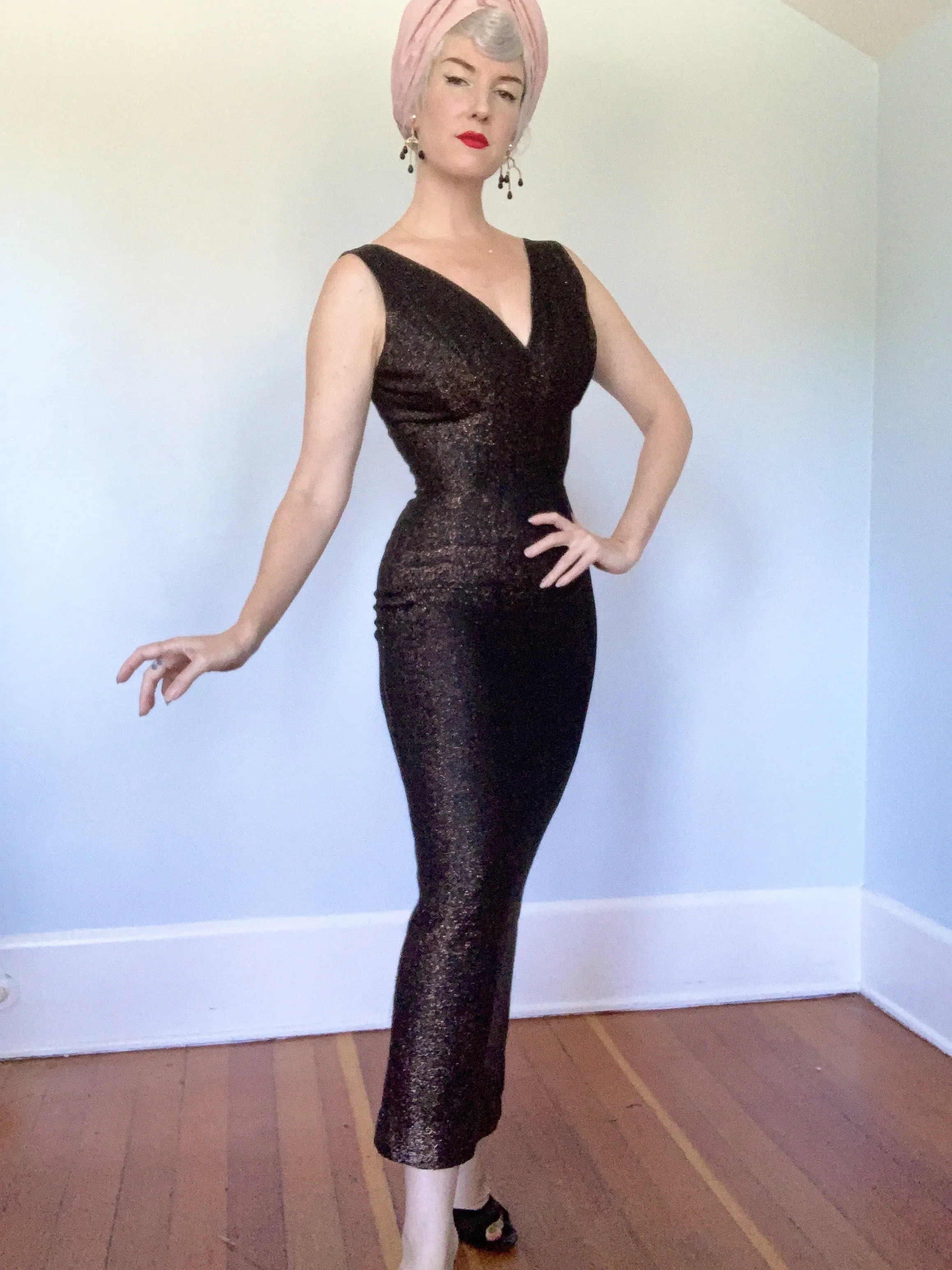 1950s 2 Piece Metallic Bronze Lurex Hourglass Evening Gown & Trapeze Coat w/ Fox Fur Trim by "Claralura Originals California"