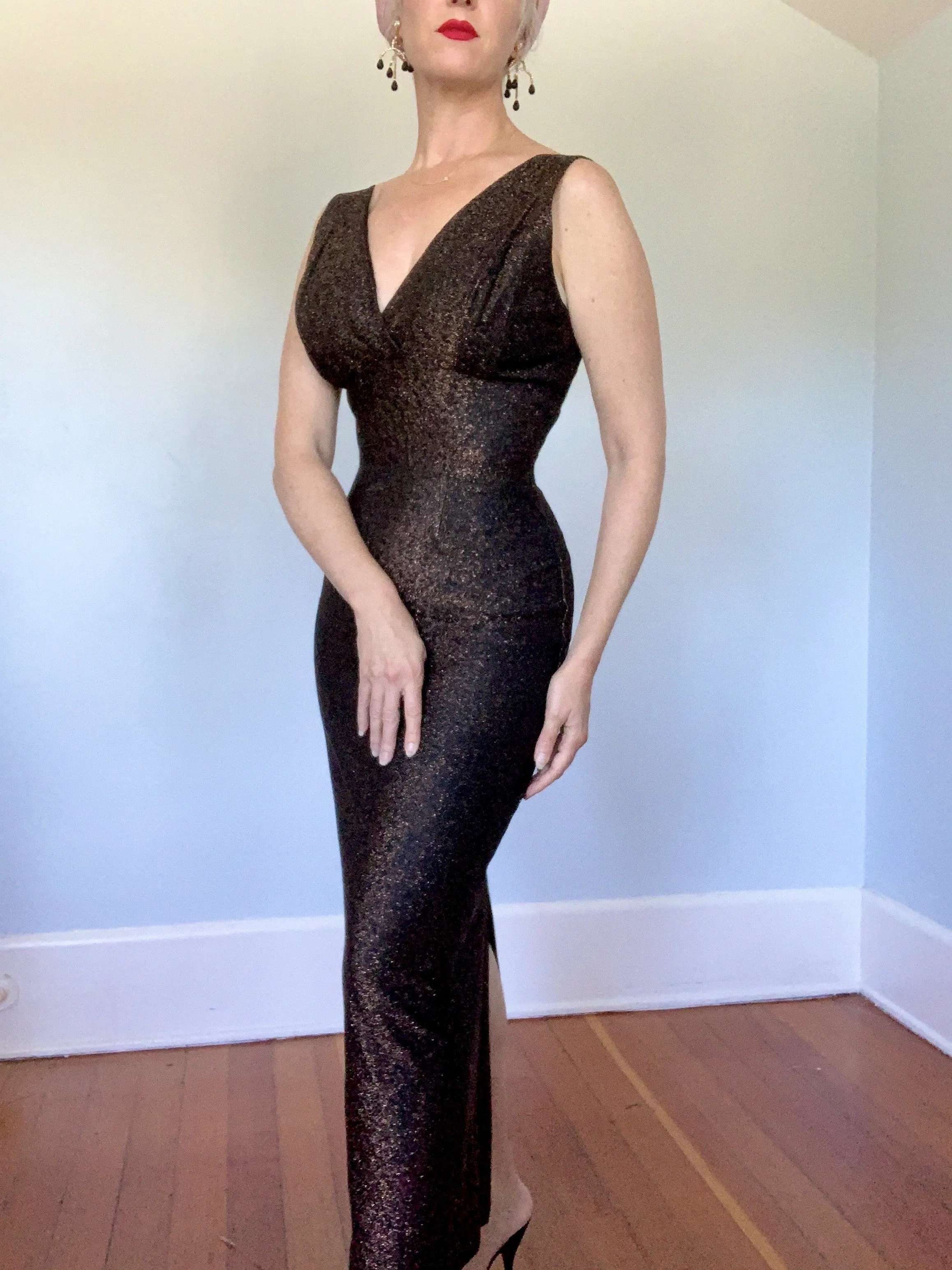 1950s 2 Piece Metallic Bronze Lurex Hourglass Evening Gown & Trapeze Coat w/ Fox Fur Trim by "Claralura Originals California"