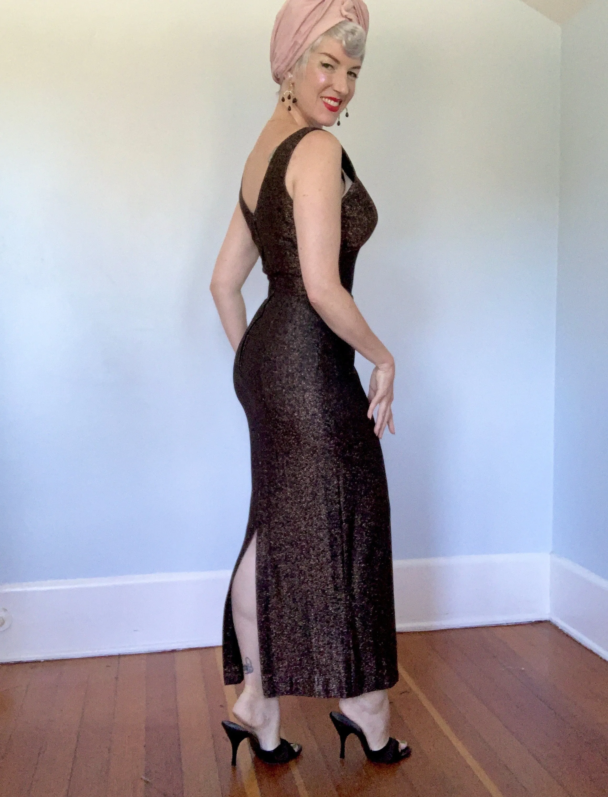 1950s 2 Piece Metallic Bronze Lurex Hourglass Evening Gown & Trapeze Coat w/ Fox Fur Trim by "Claralura Originals California"