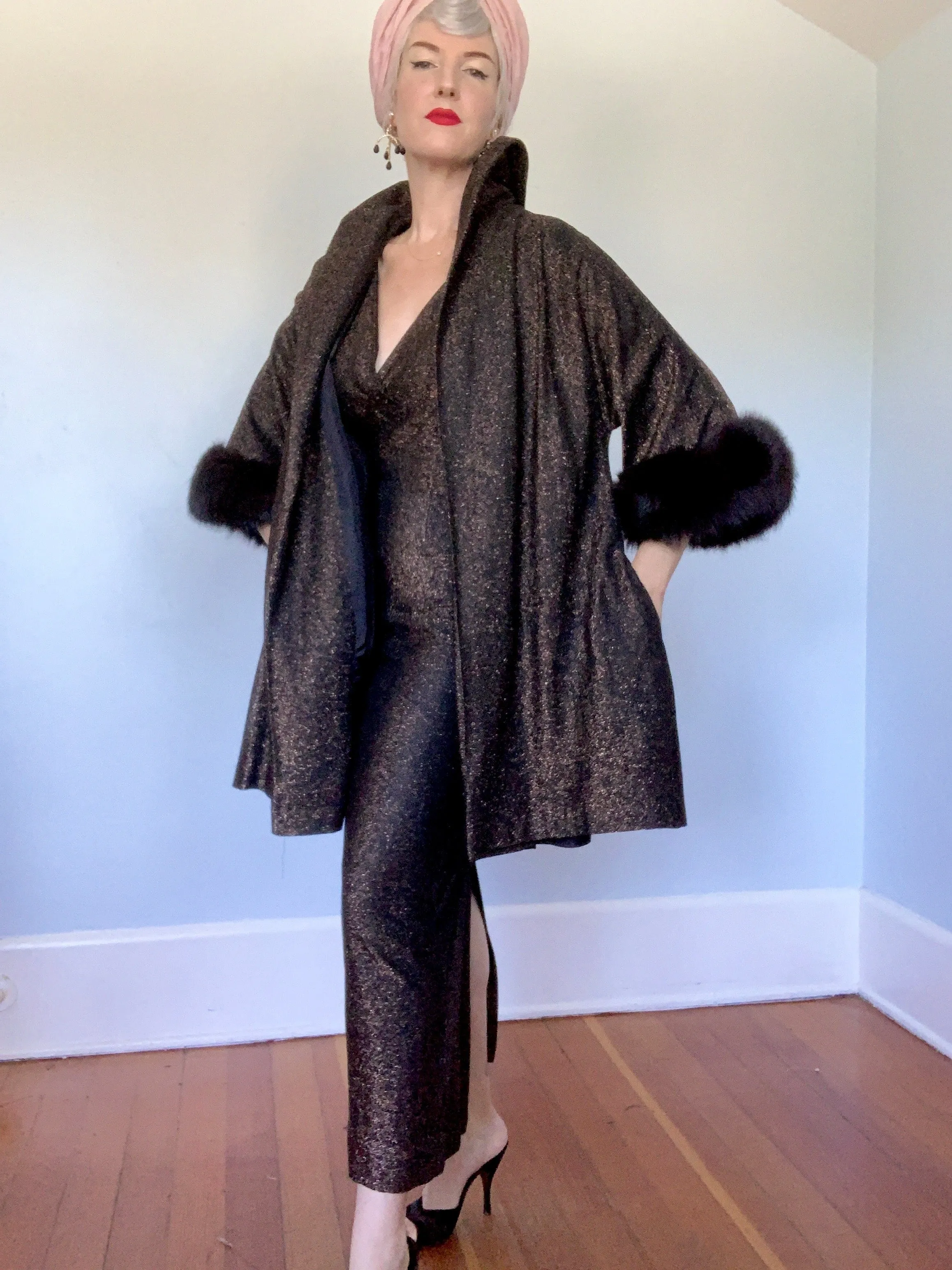 1950s 2 Piece Metallic Bronze Lurex Hourglass Evening Gown & Trapeze Coat w/ Fox Fur Trim by "Claralura Originals California"
