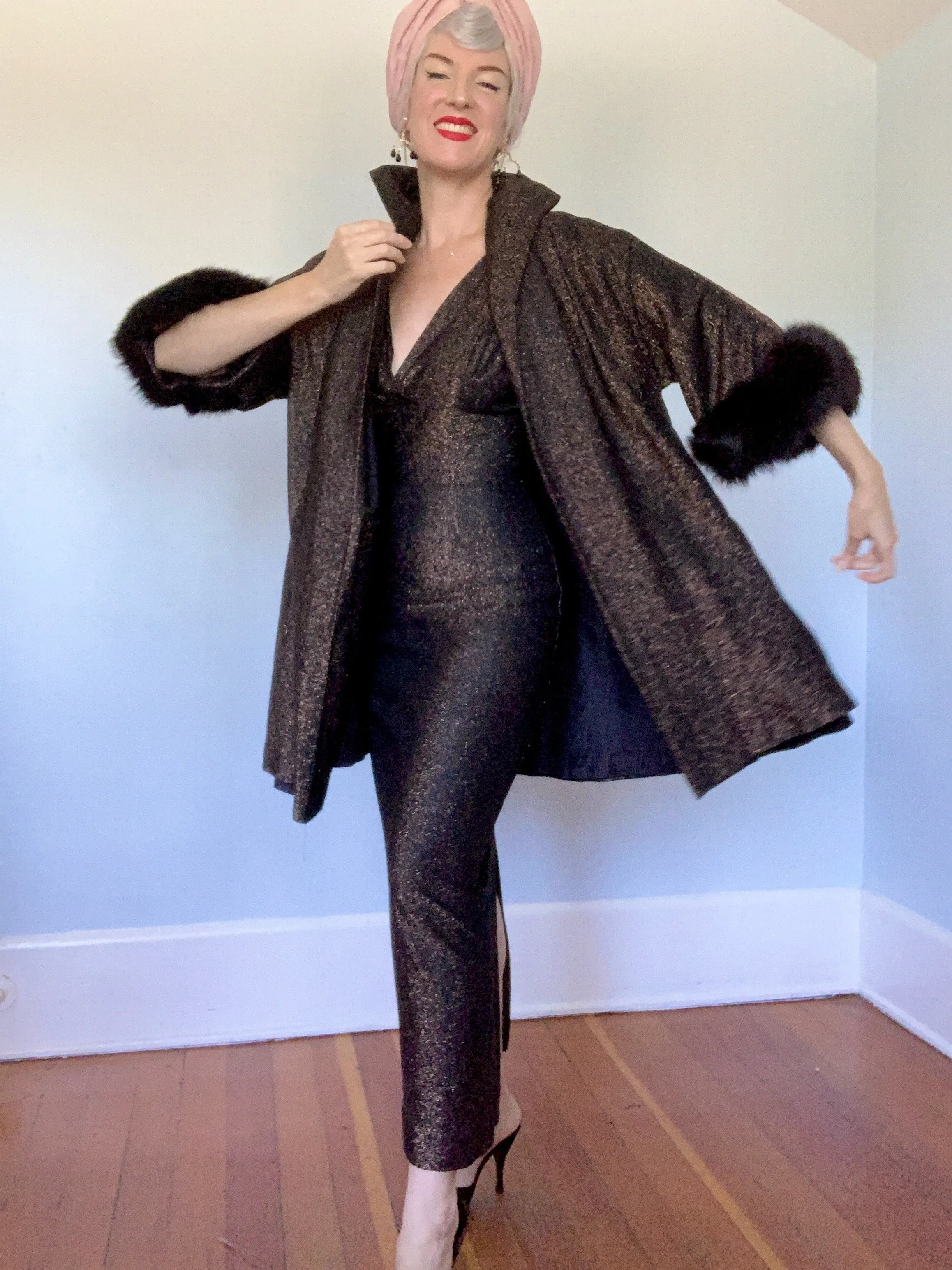 1950s 2 Piece Metallic Bronze Lurex Hourglass Evening Gown & Trapeze Coat w/ Fox Fur Trim by "Claralura Originals California"