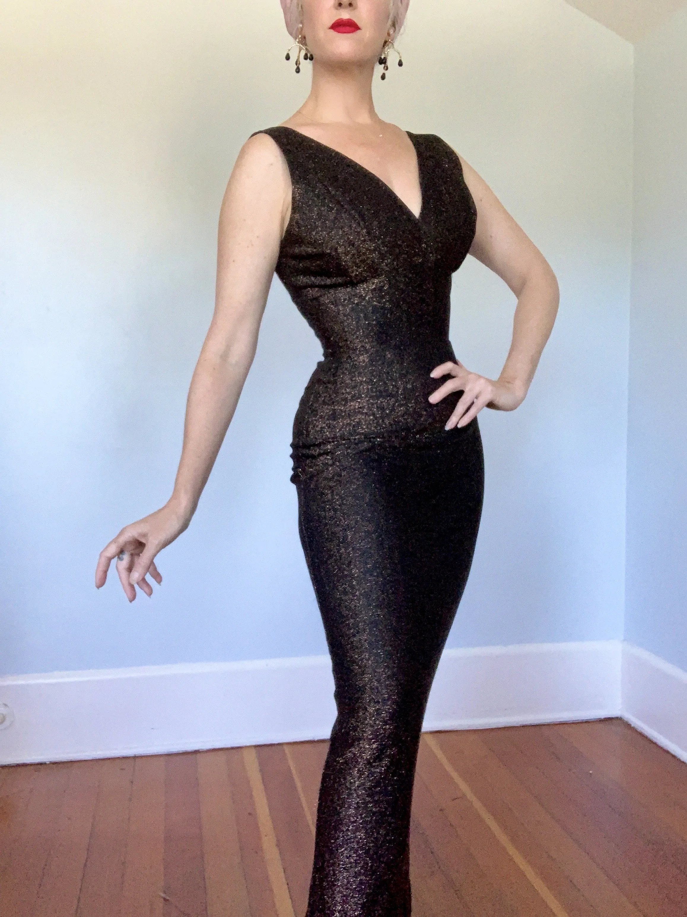 1950s 2 Piece Metallic Bronze Lurex Hourglass Evening Gown & Trapeze Coat w/ Fox Fur Trim by "Claralura Originals California"