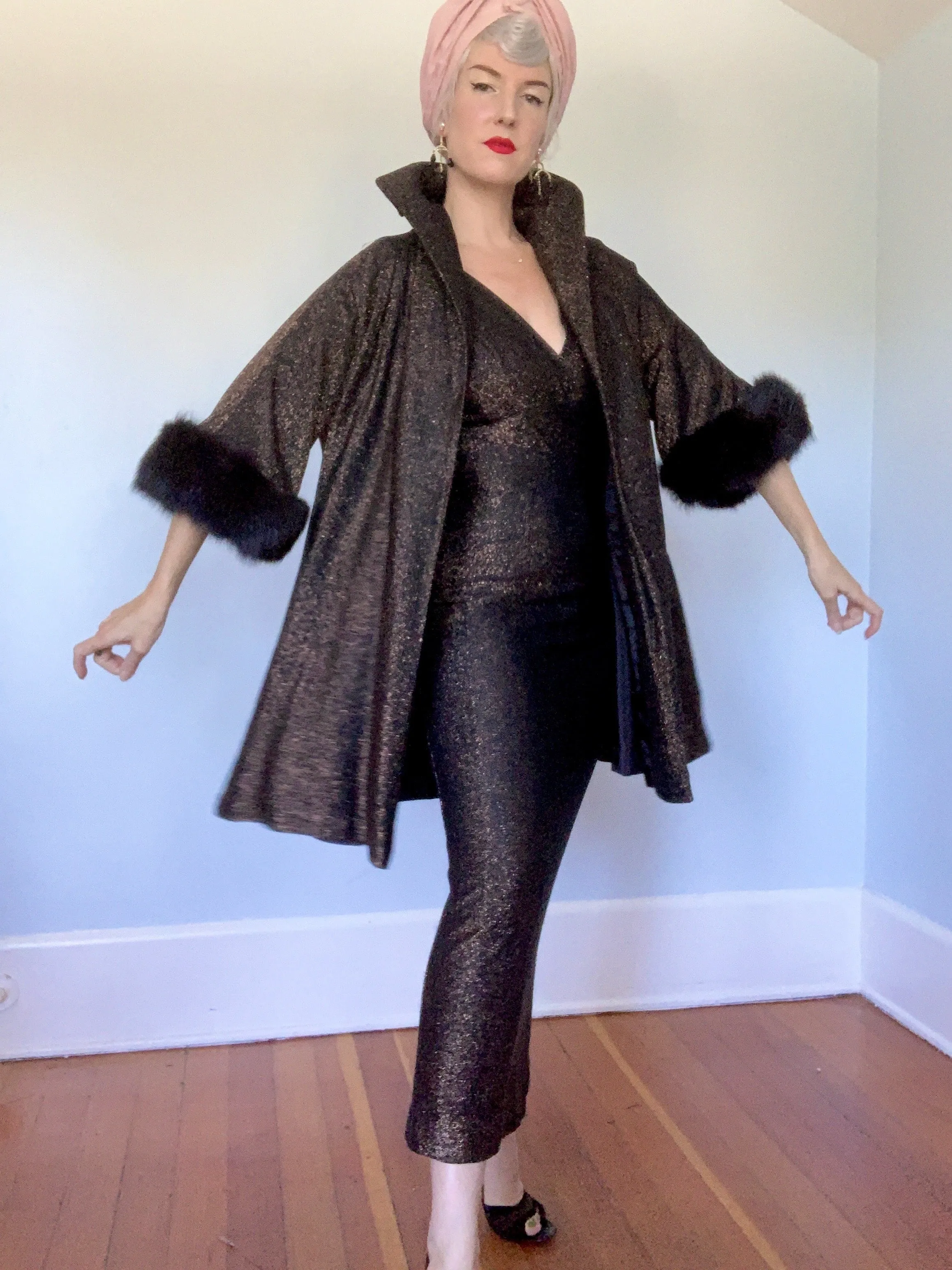 1950s 2 Piece Metallic Bronze Lurex Hourglass Evening Gown & Trapeze Coat w/ Fox Fur Trim by "Claralura Originals California"