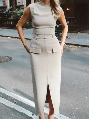 2 Piece Solid Suit with Sleeveless Top & Flap Skirt