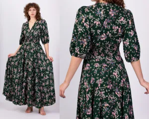 70s Green Floral Puff Sleeve Maxi Dress - Small to Medium