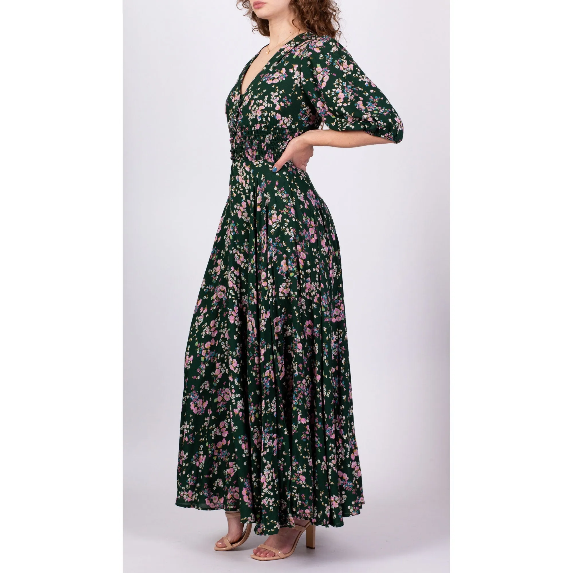 70s Green Floral Puff Sleeve Maxi Dress - Small to Medium