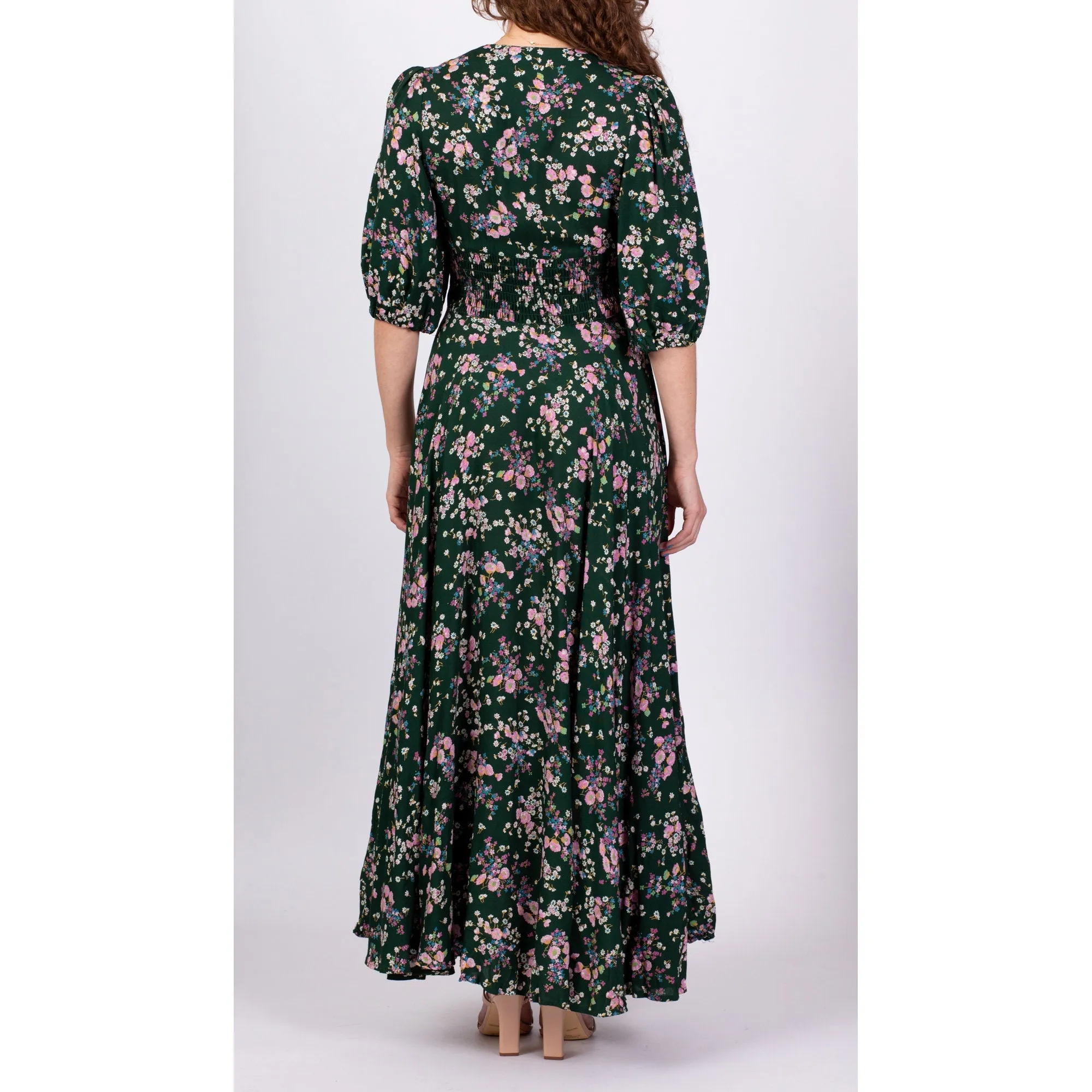 70s Green Floral Puff Sleeve Maxi Dress - Small to Medium