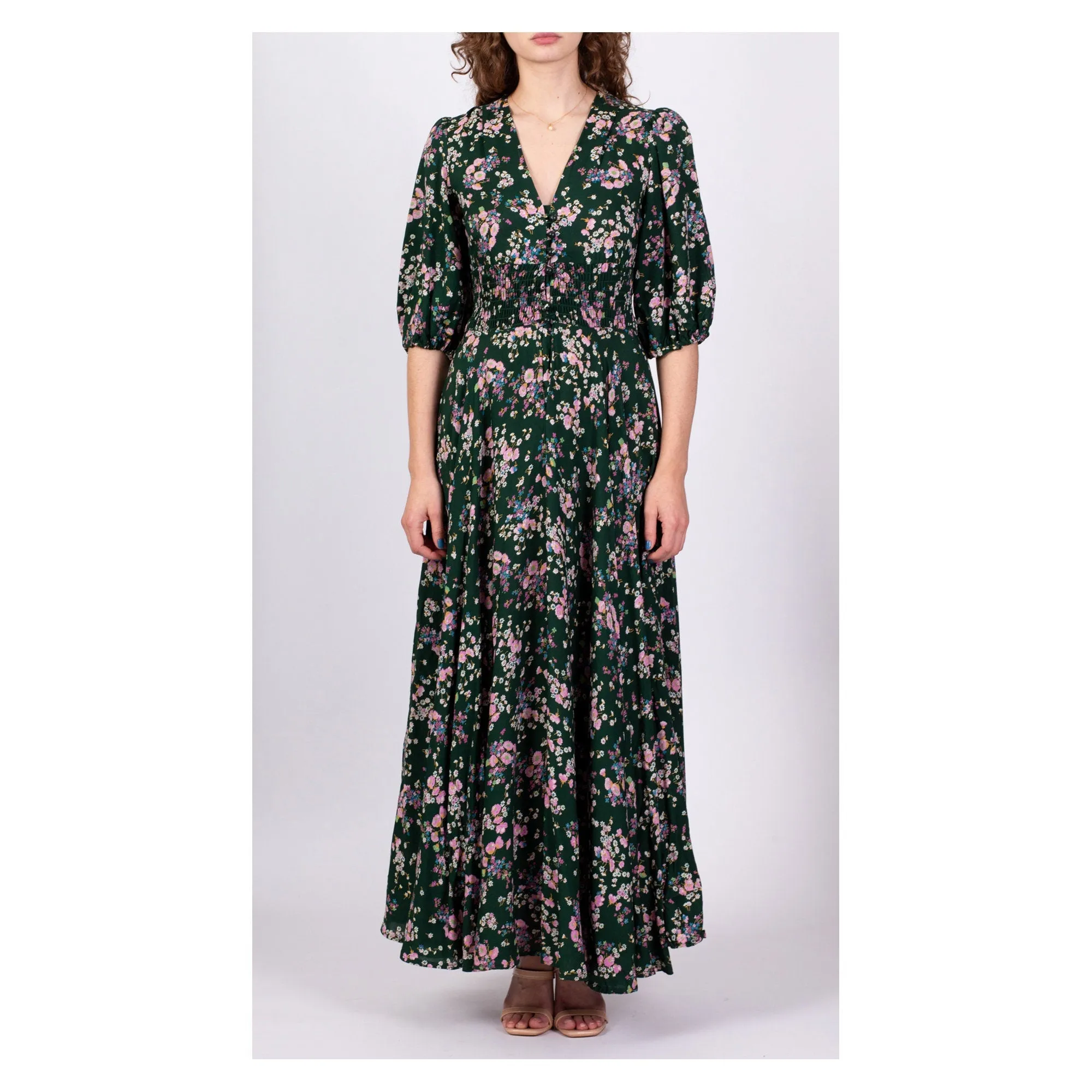 70s Green Floral Puff Sleeve Maxi Dress - Small to Medium