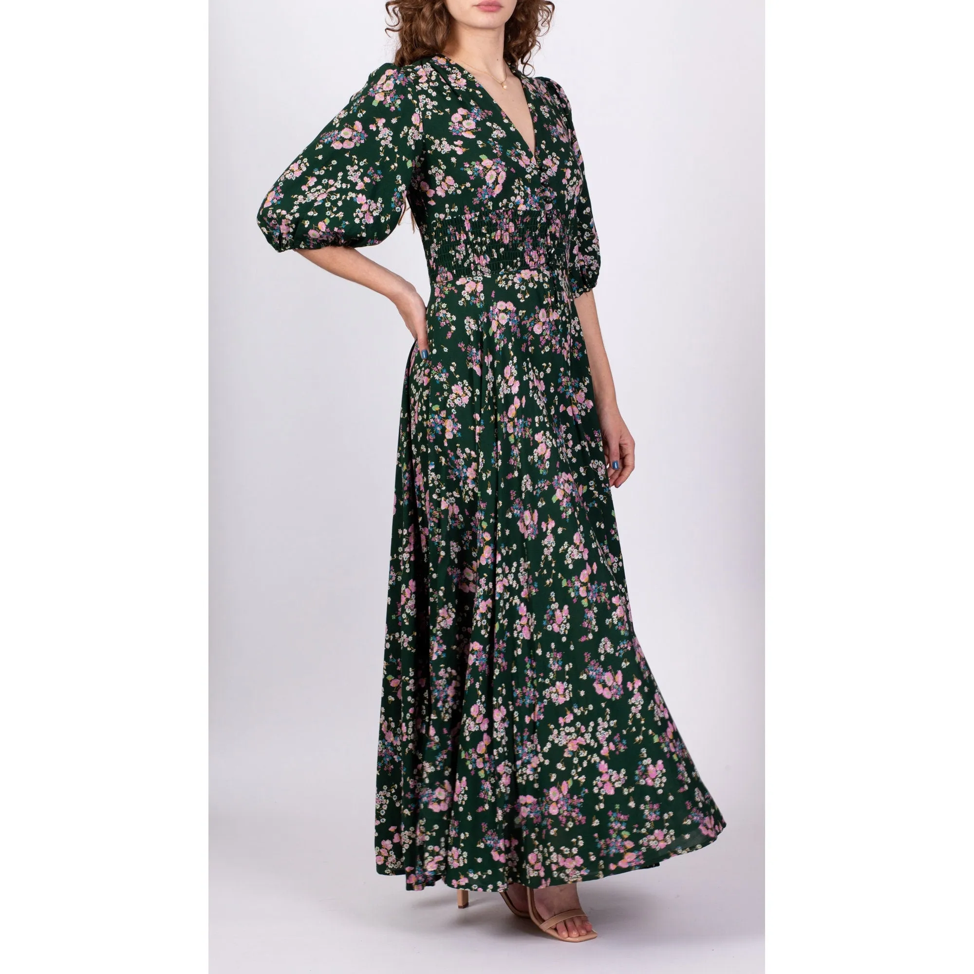 70s Green Floral Puff Sleeve Maxi Dress - Small to Medium