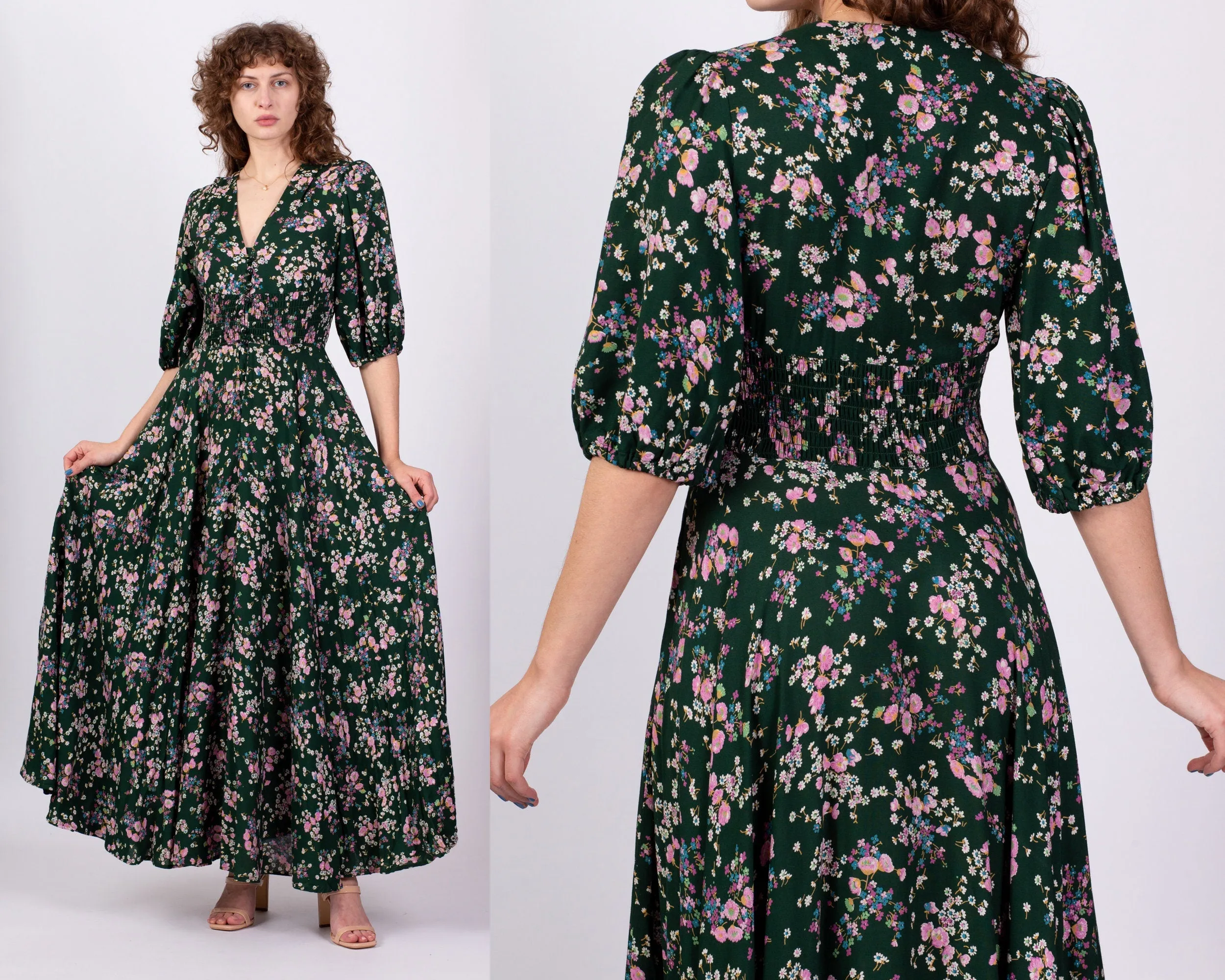 70s Green Floral Puff Sleeve Maxi Dress - Small to Medium