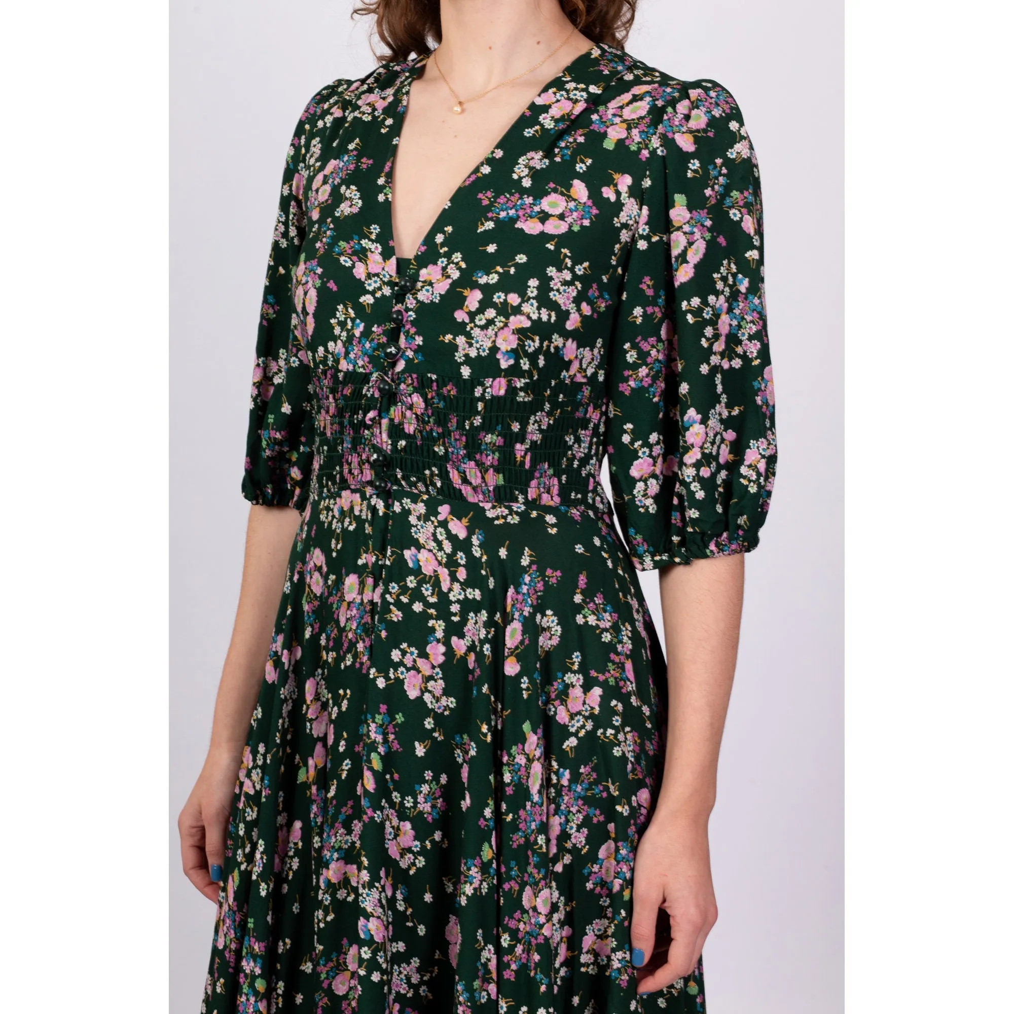 70s Green Floral Puff Sleeve Maxi Dress - Small to Medium