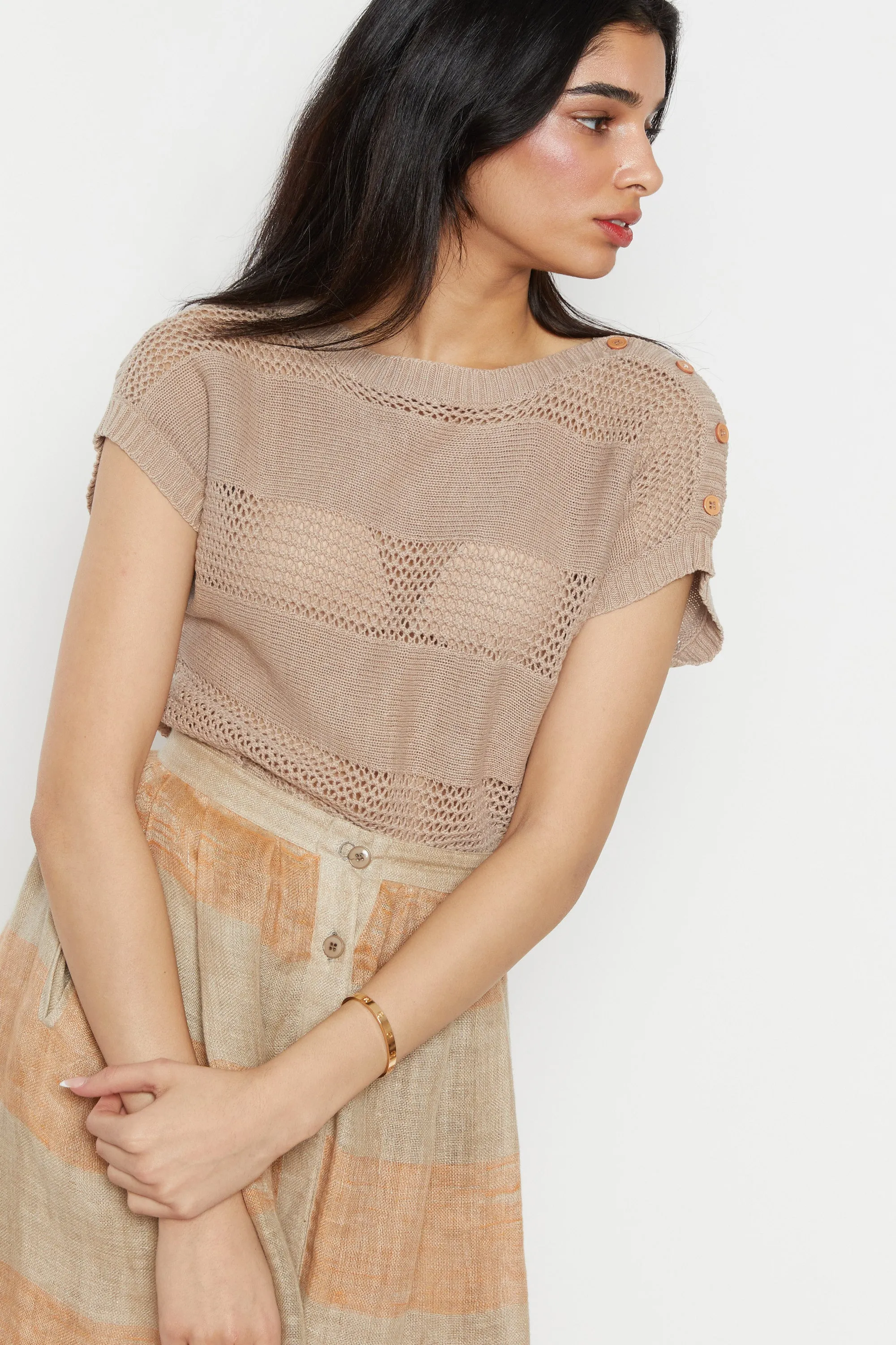 70s Taupe Open Knit Sweater Top S