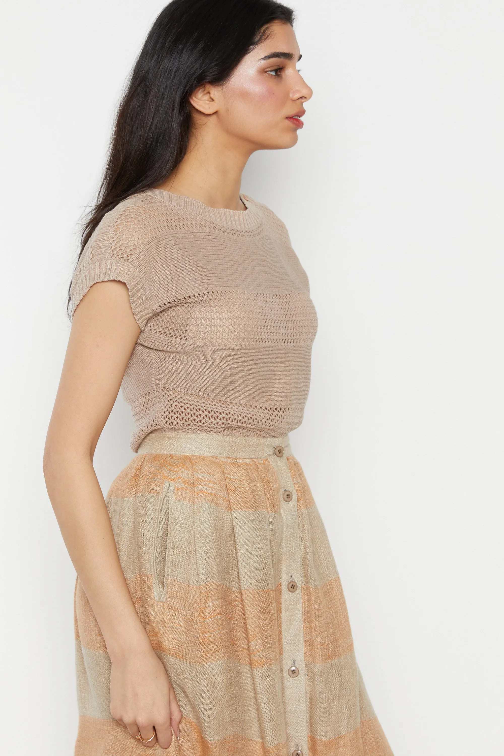 70s Taupe Open Knit Sweater Top S