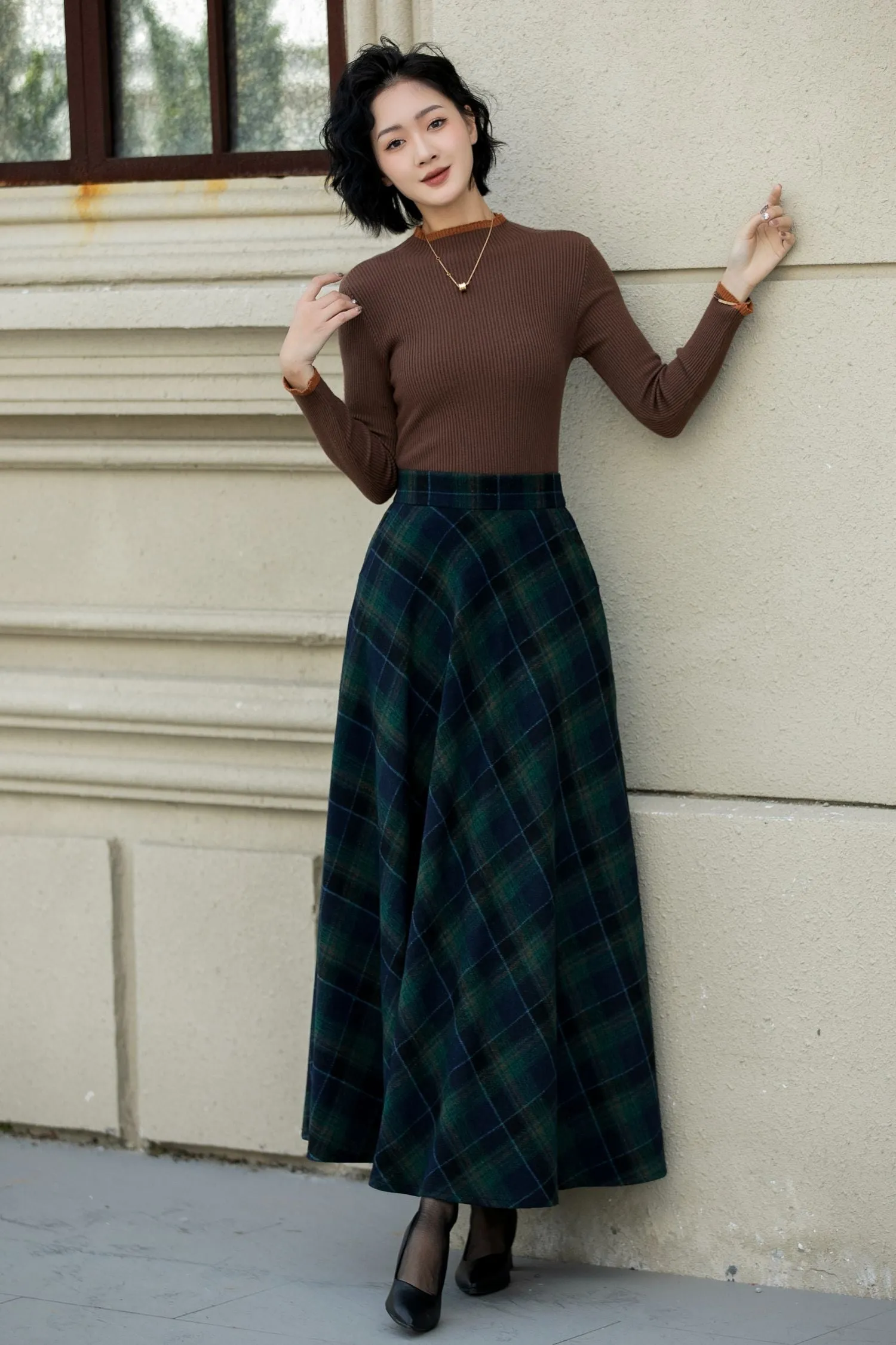 A line maxi plaid winter wool skirt 5451