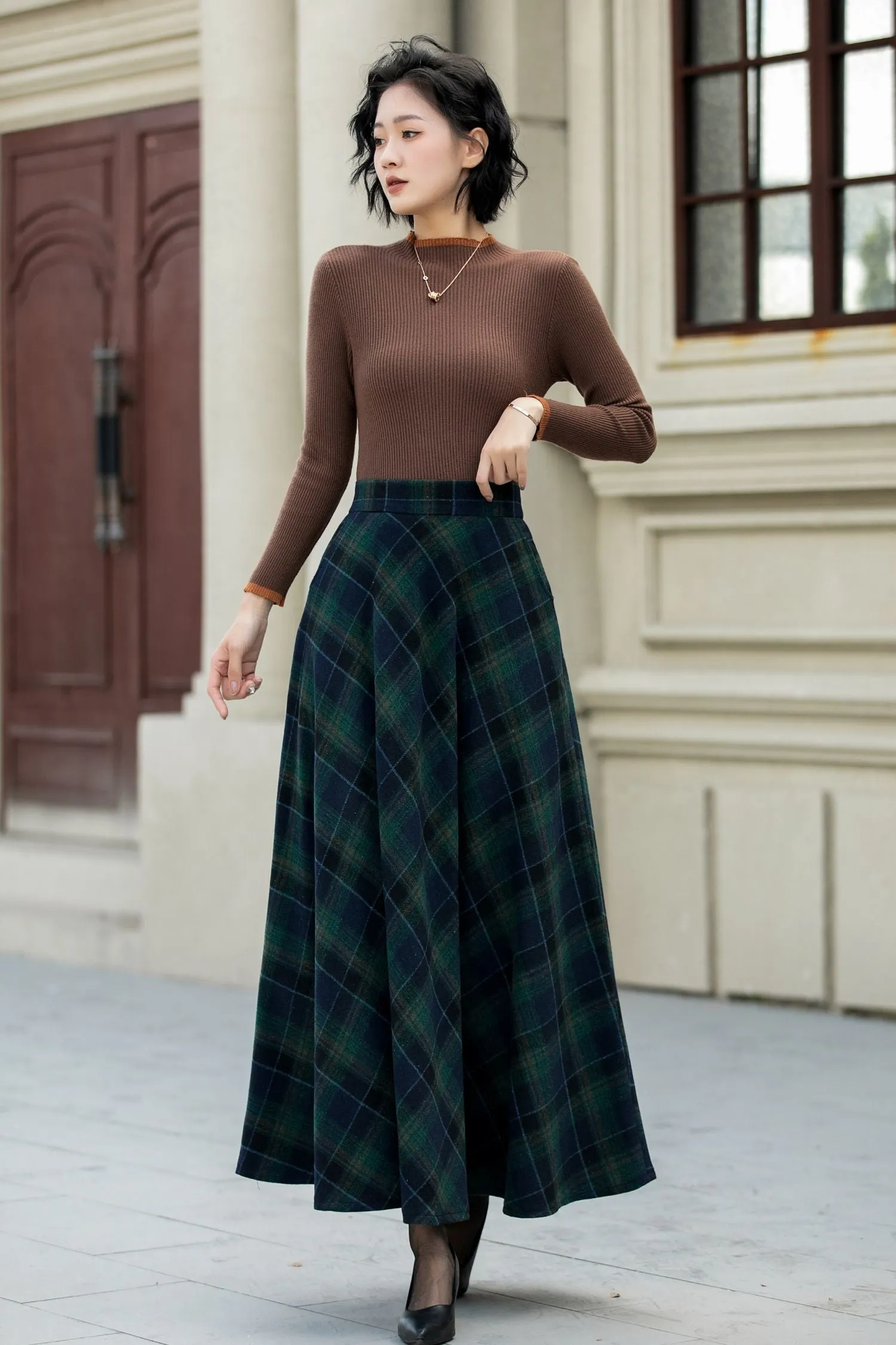 A line maxi plaid winter wool skirt 5451