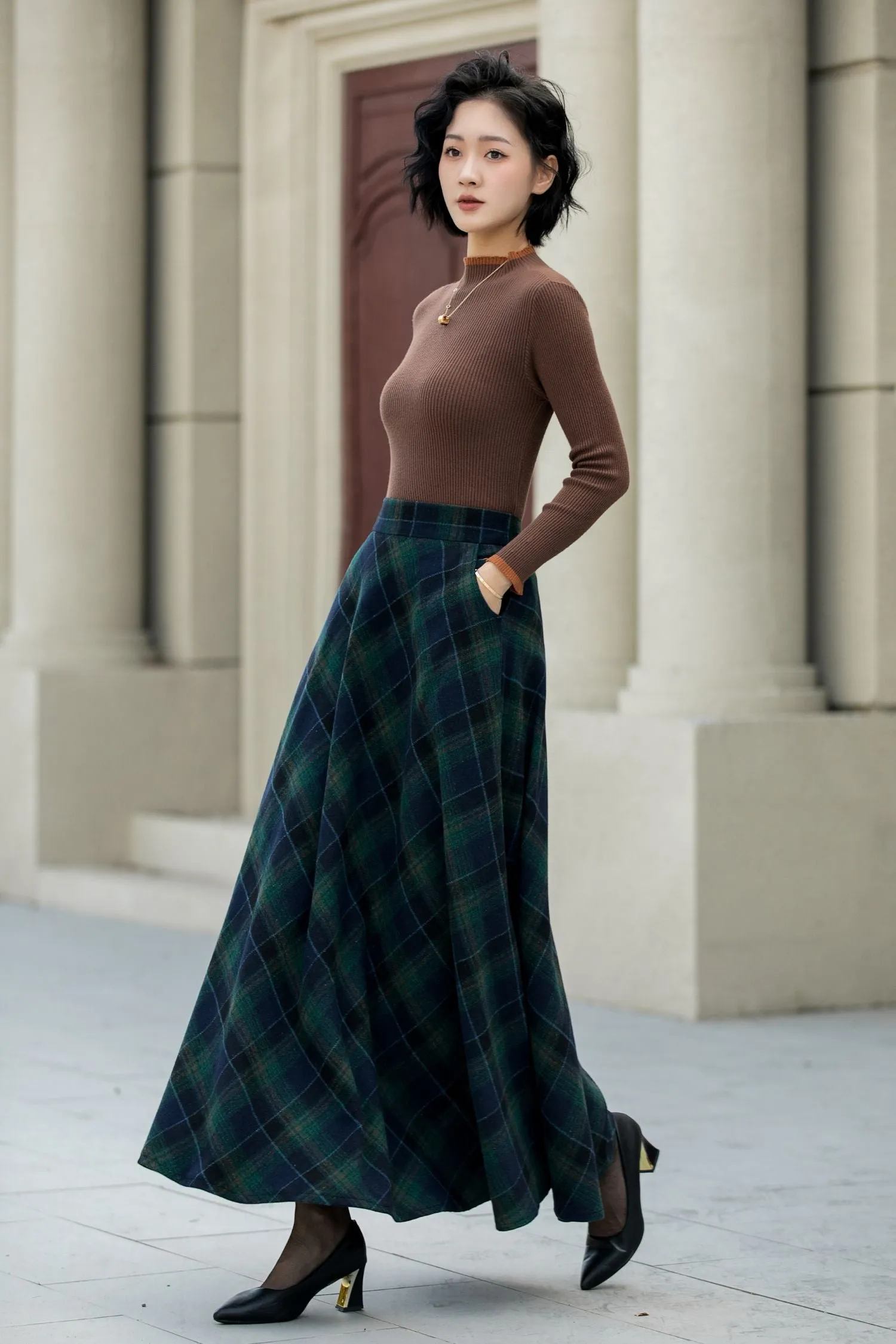A line maxi plaid winter wool skirt 5451