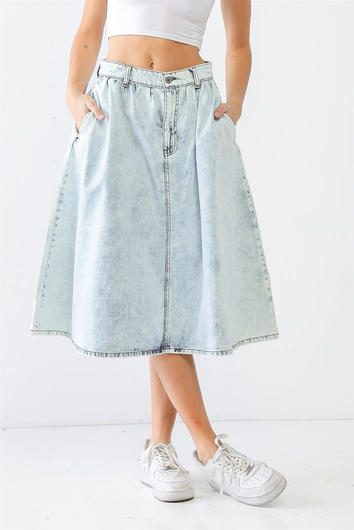 Acid Wash Denim Cotton Two Pocket Flare Hem Midi Skirt /1-2-1