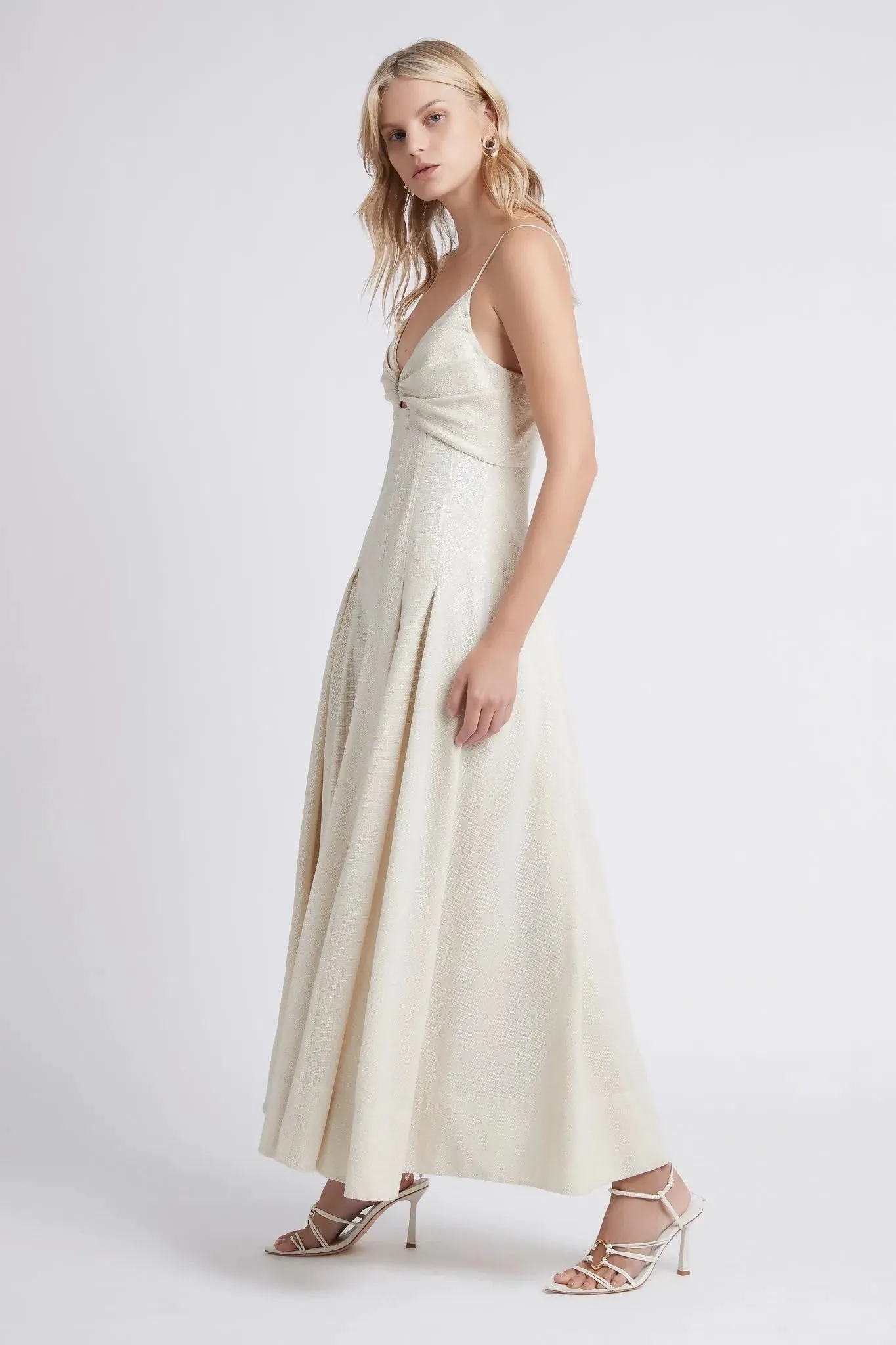 Aje Idyllic Strappy Sequin Ivory Midi Designer Dress Hire