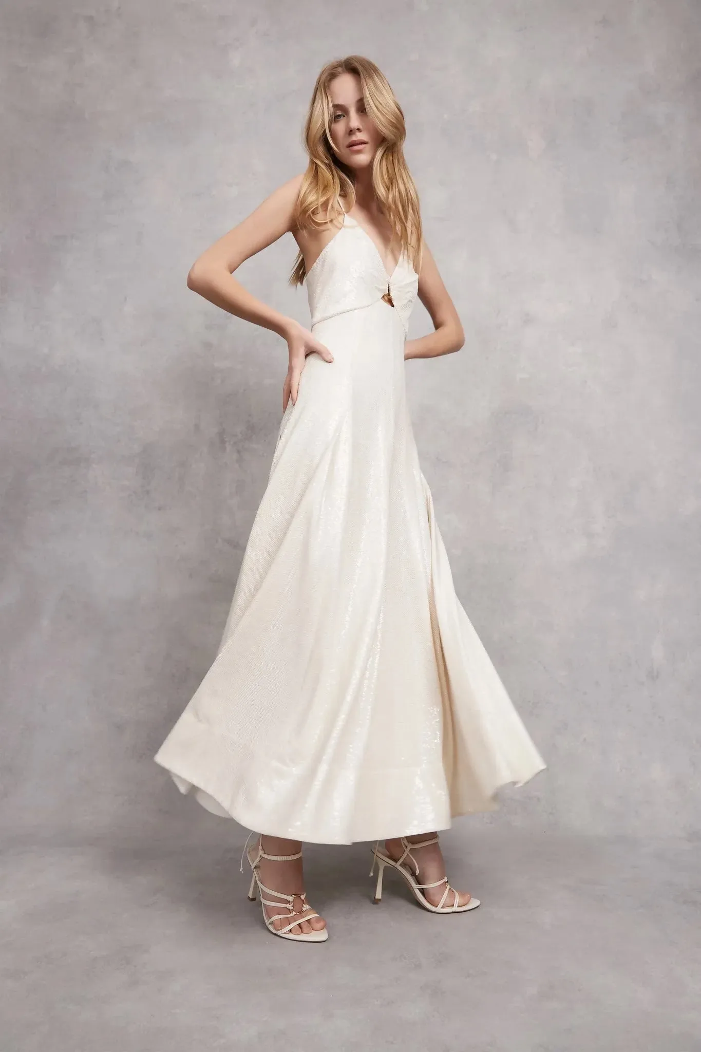 Aje Idyllic Strappy Sequin Ivory Midi Designer Dress Hire
