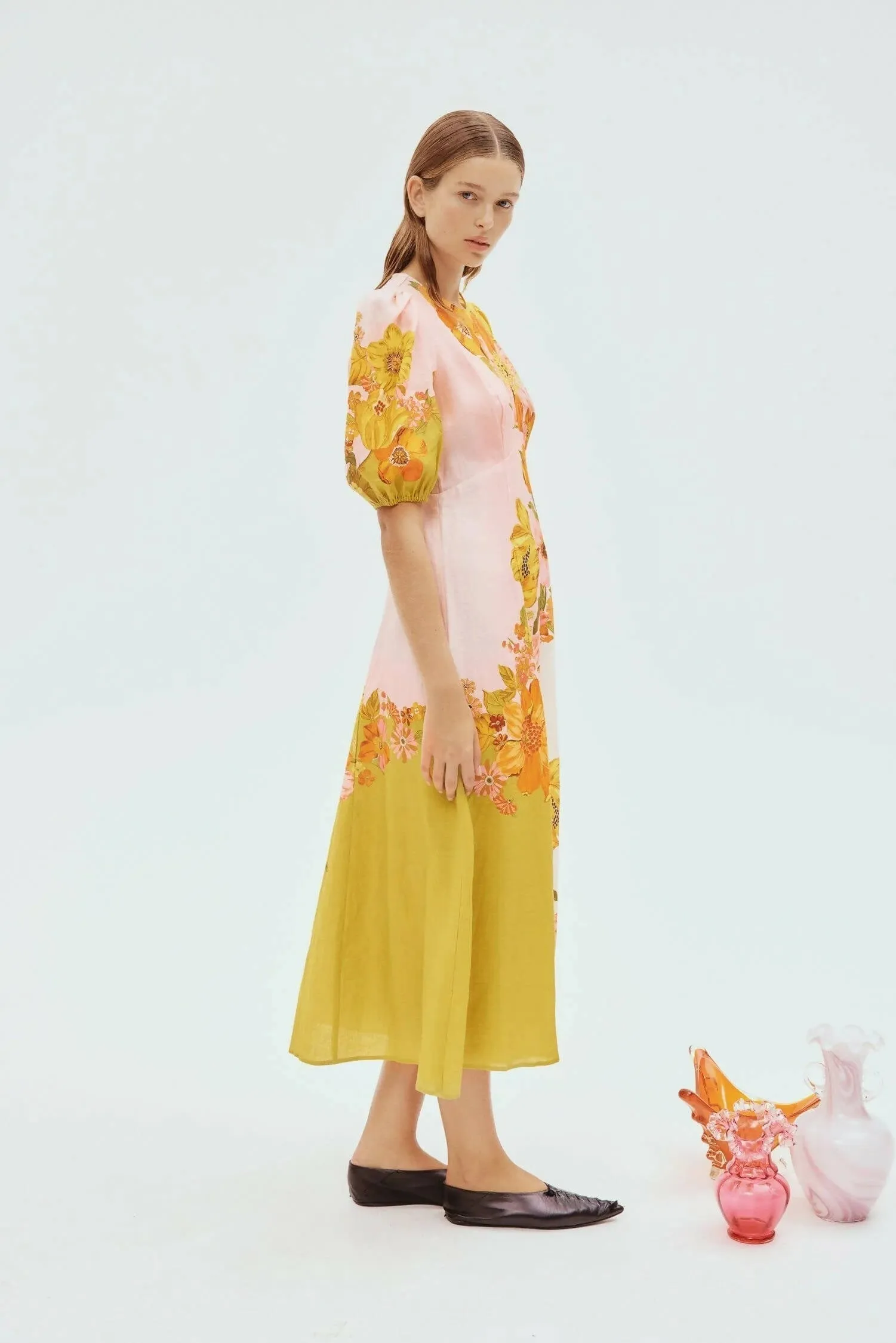 Alemais Silas Midi Dress Size 10 Floral Gold Green Pink