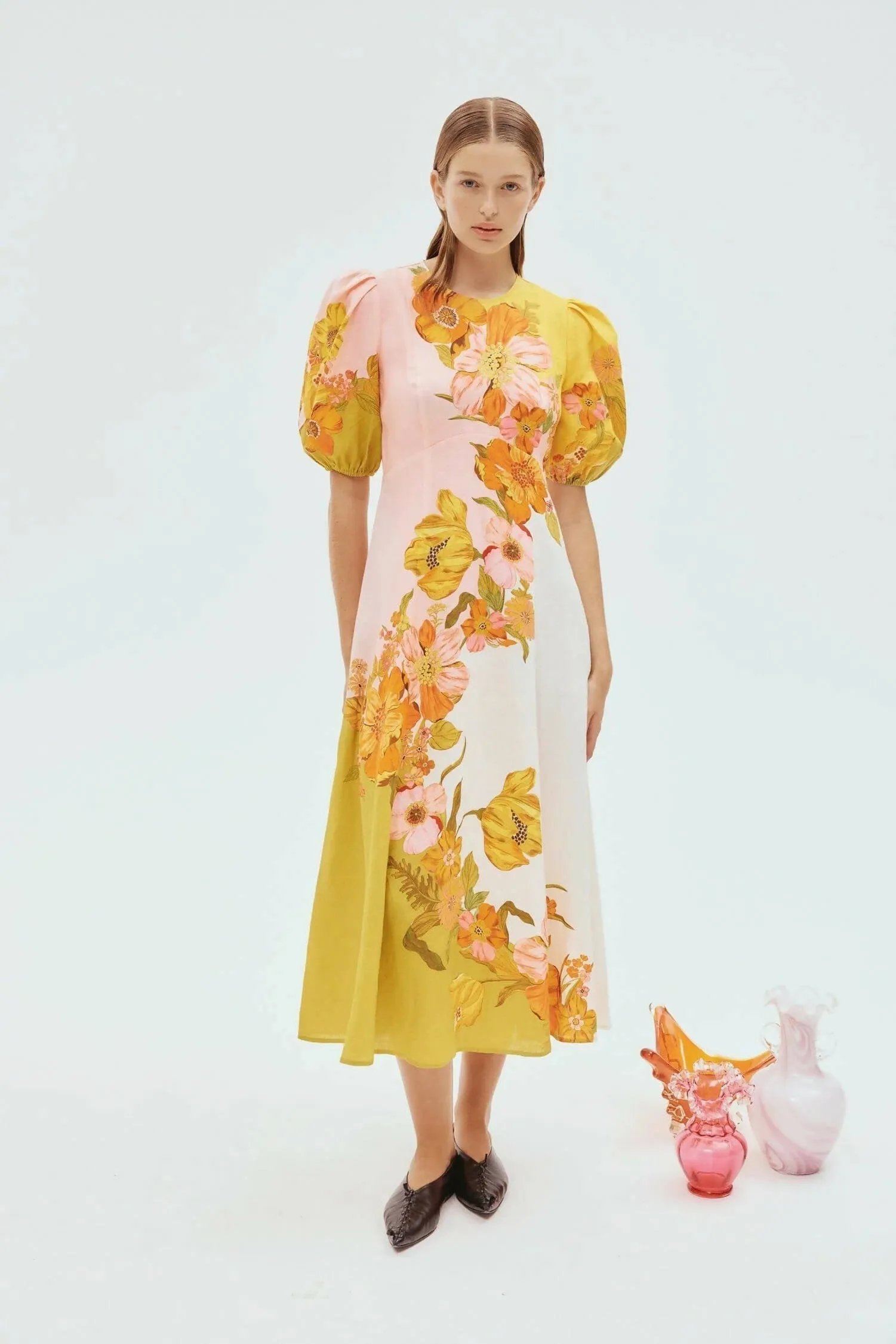 Alemais Silas Midi Dress Size 10 Floral Gold Green Pink