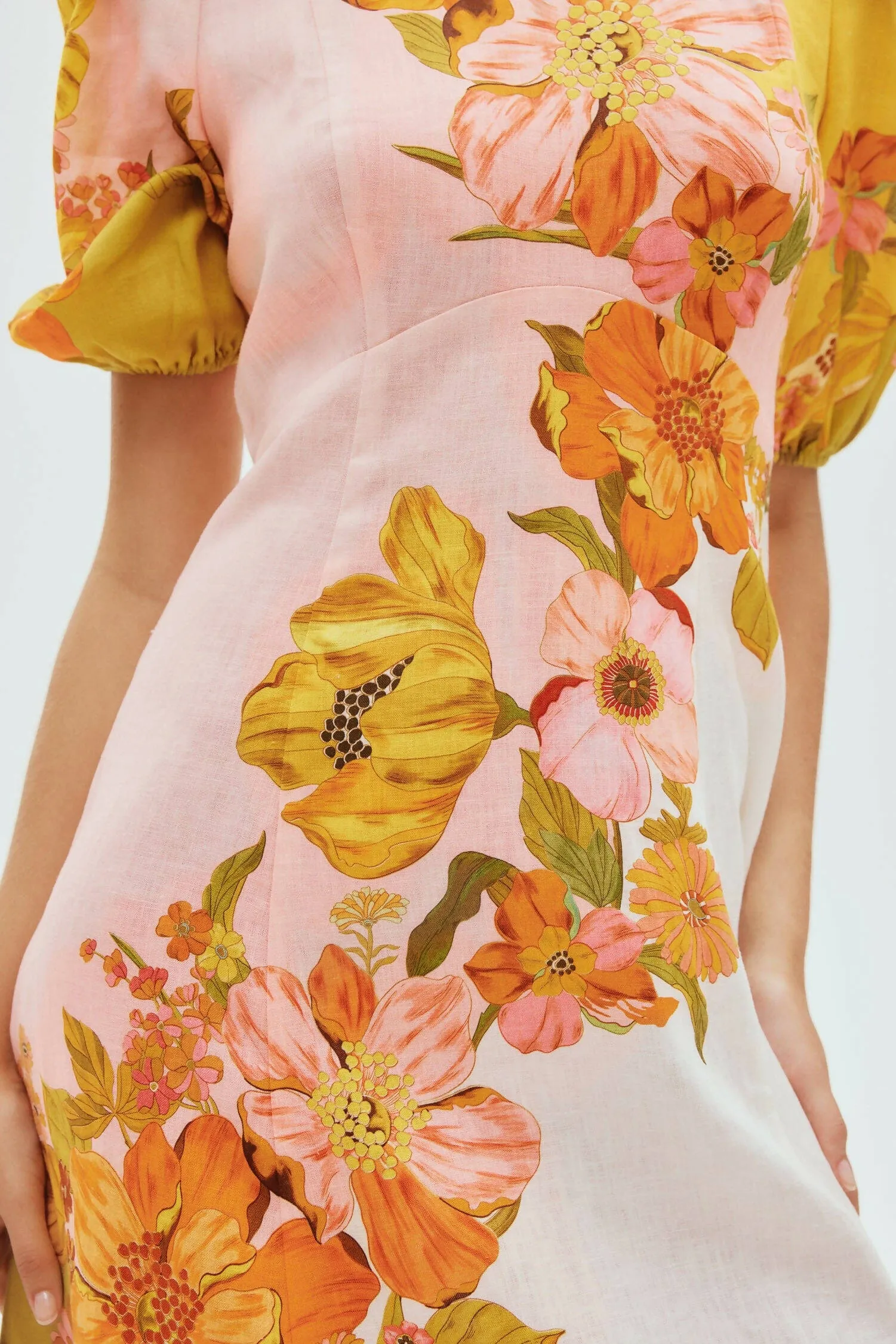 Alemais Silas Midi Dress Size 10 Floral Gold Green Pink