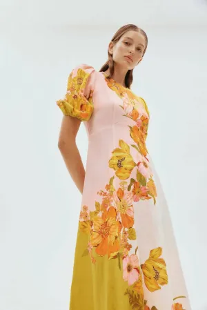 Alemais Silas Midi Dress Size 10 Floral Gold Green Pink