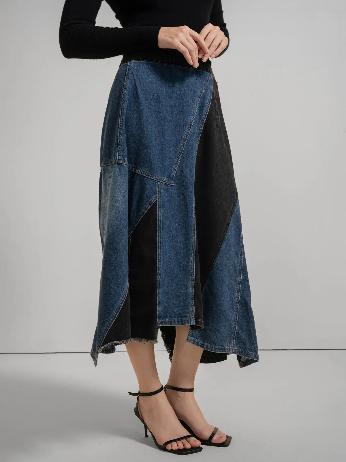 Asymmetric Denim Midi Skirt