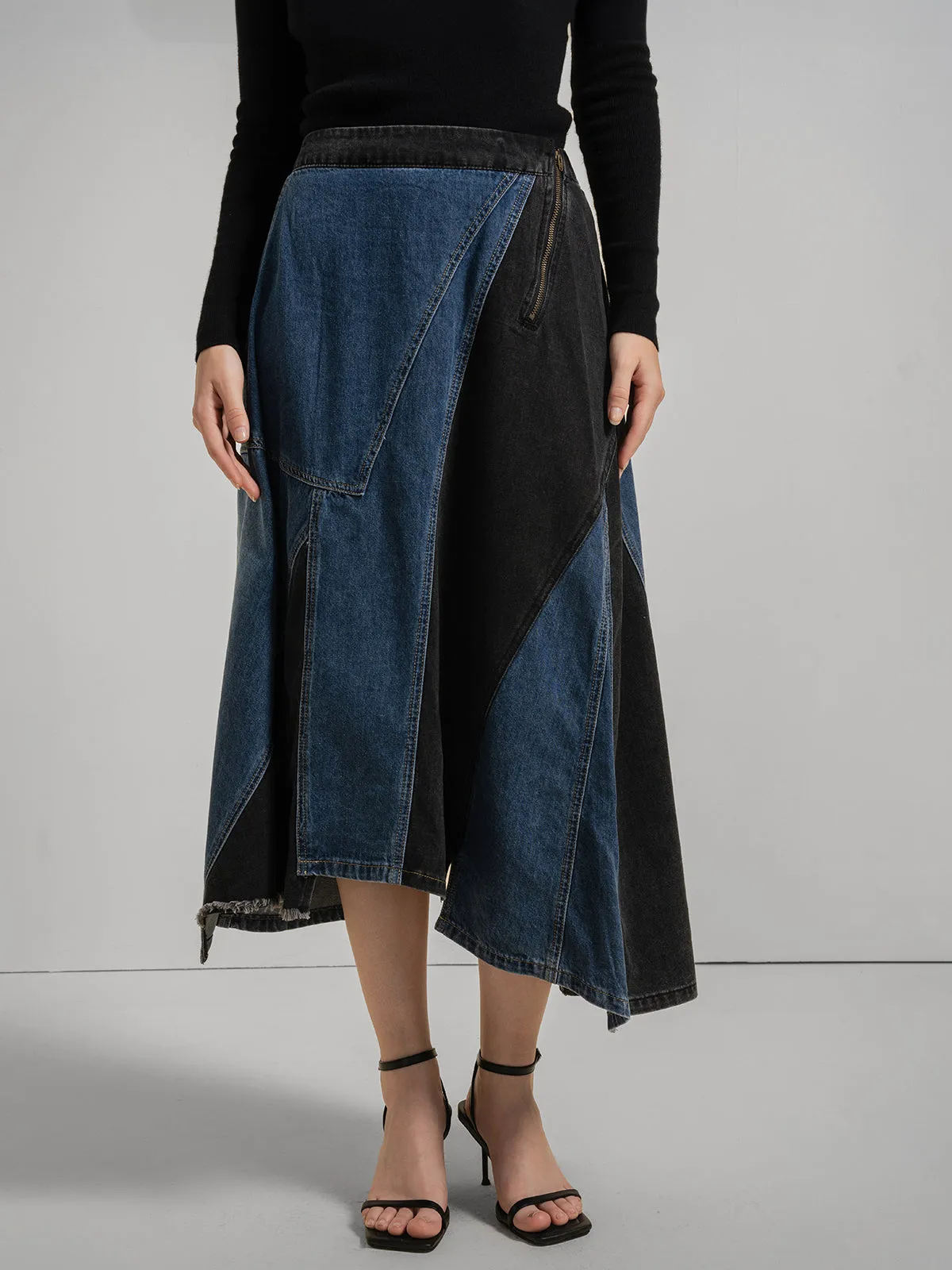 Asymmetric Denim Midi Skirt