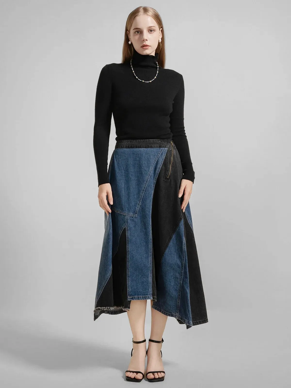 Asymmetric Denim Midi Skirt