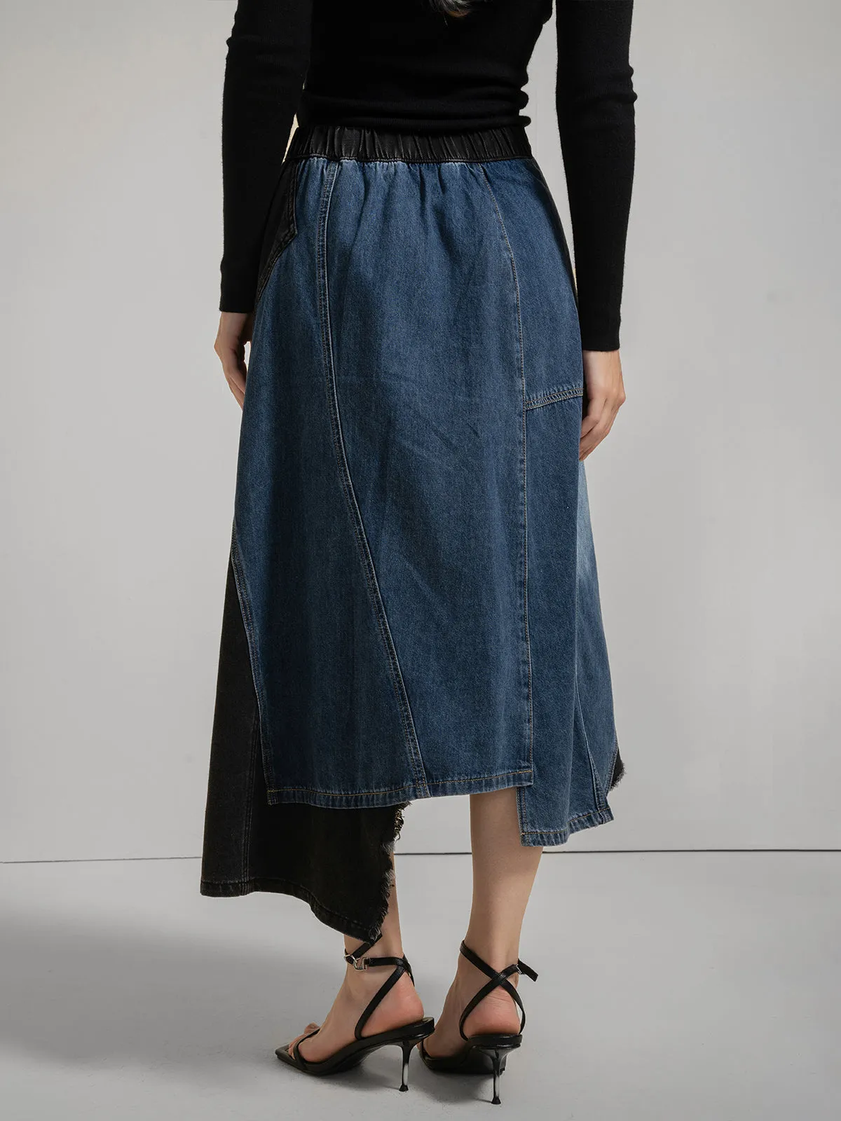 Asymmetric Denim Midi Skirt
