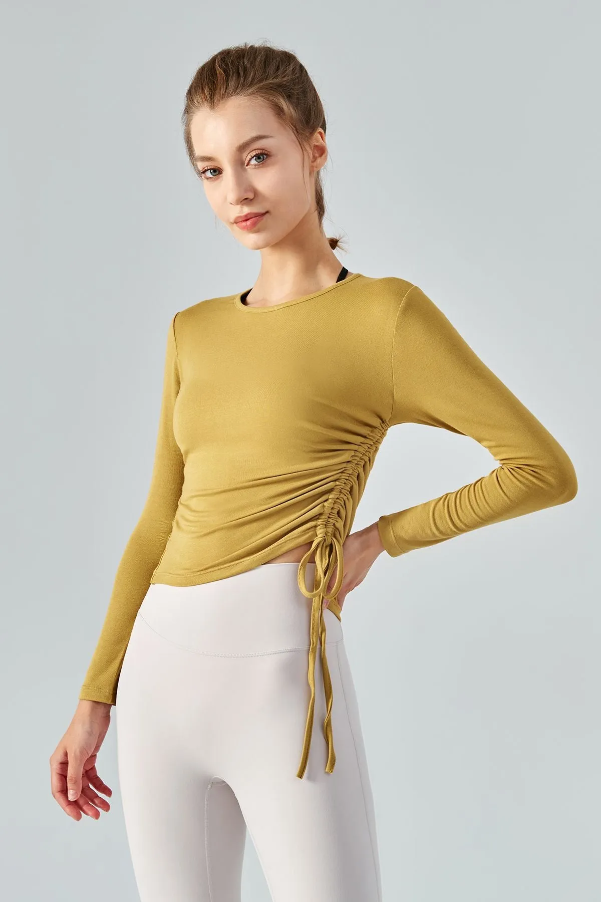 Asymmetrical Hem Long Sleeve Tops with Drawstring