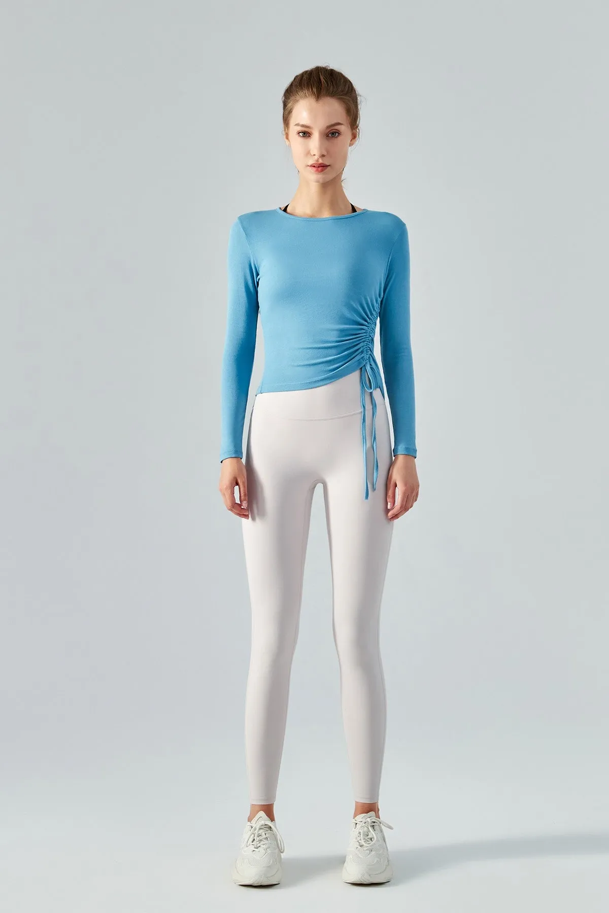 Asymmetrical Hem Long Sleeve Tops with Drawstring