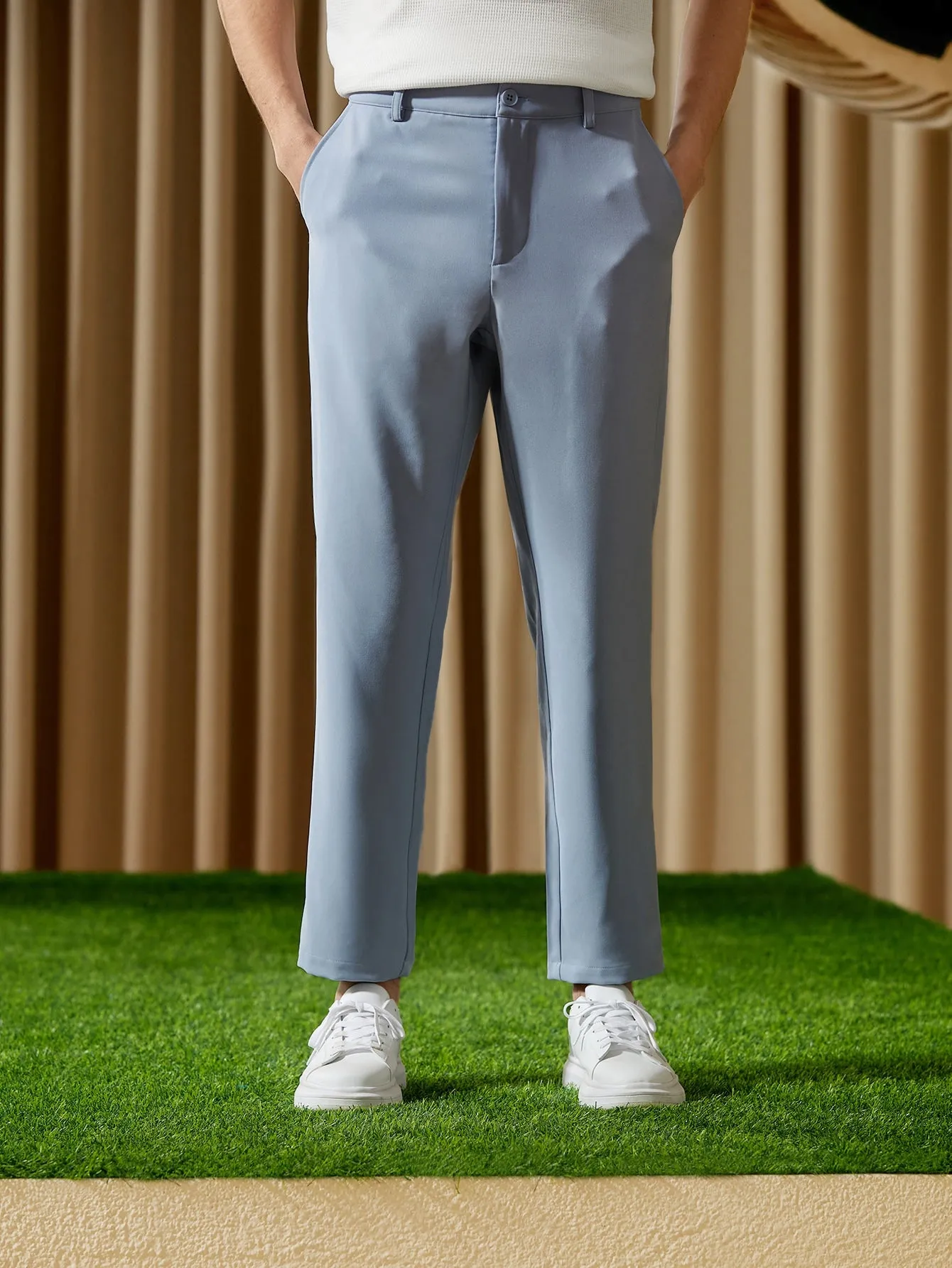 Baby Blue Solid Slant Pocket Zipper Fly Suit Trousers
