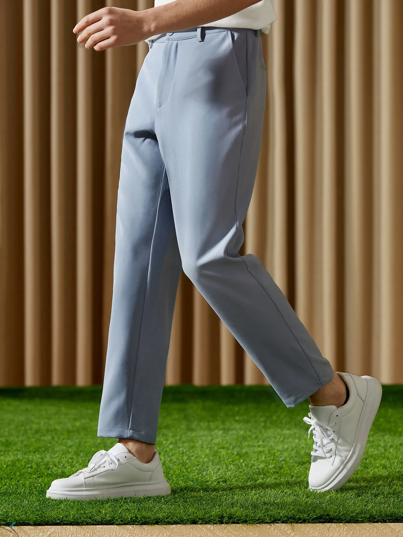 Baby Blue Solid Slant Pocket Zipper Fly Suit Trousers