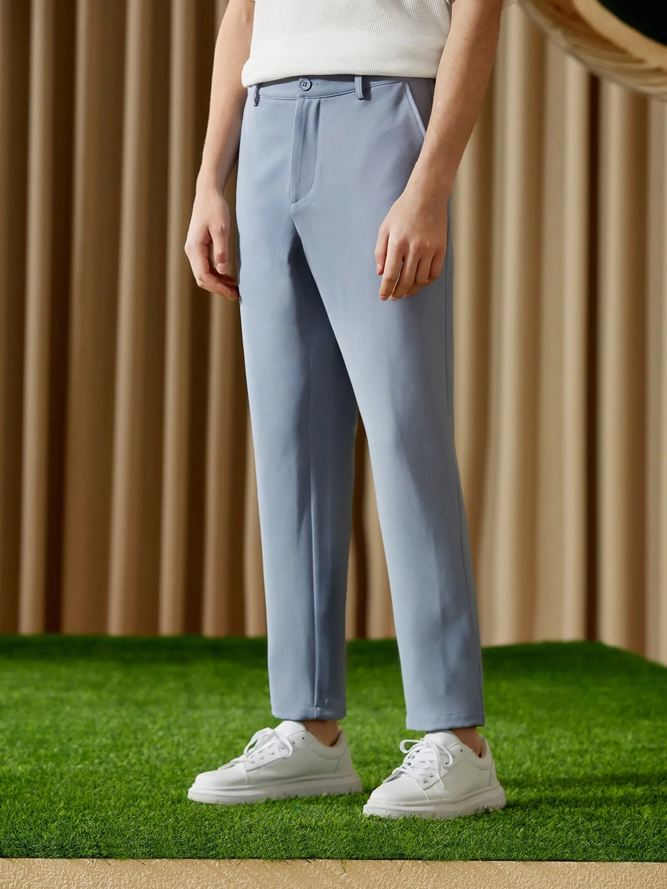 Baby Blue Solid Slant Pocket Zipper Fly Suit Trousers