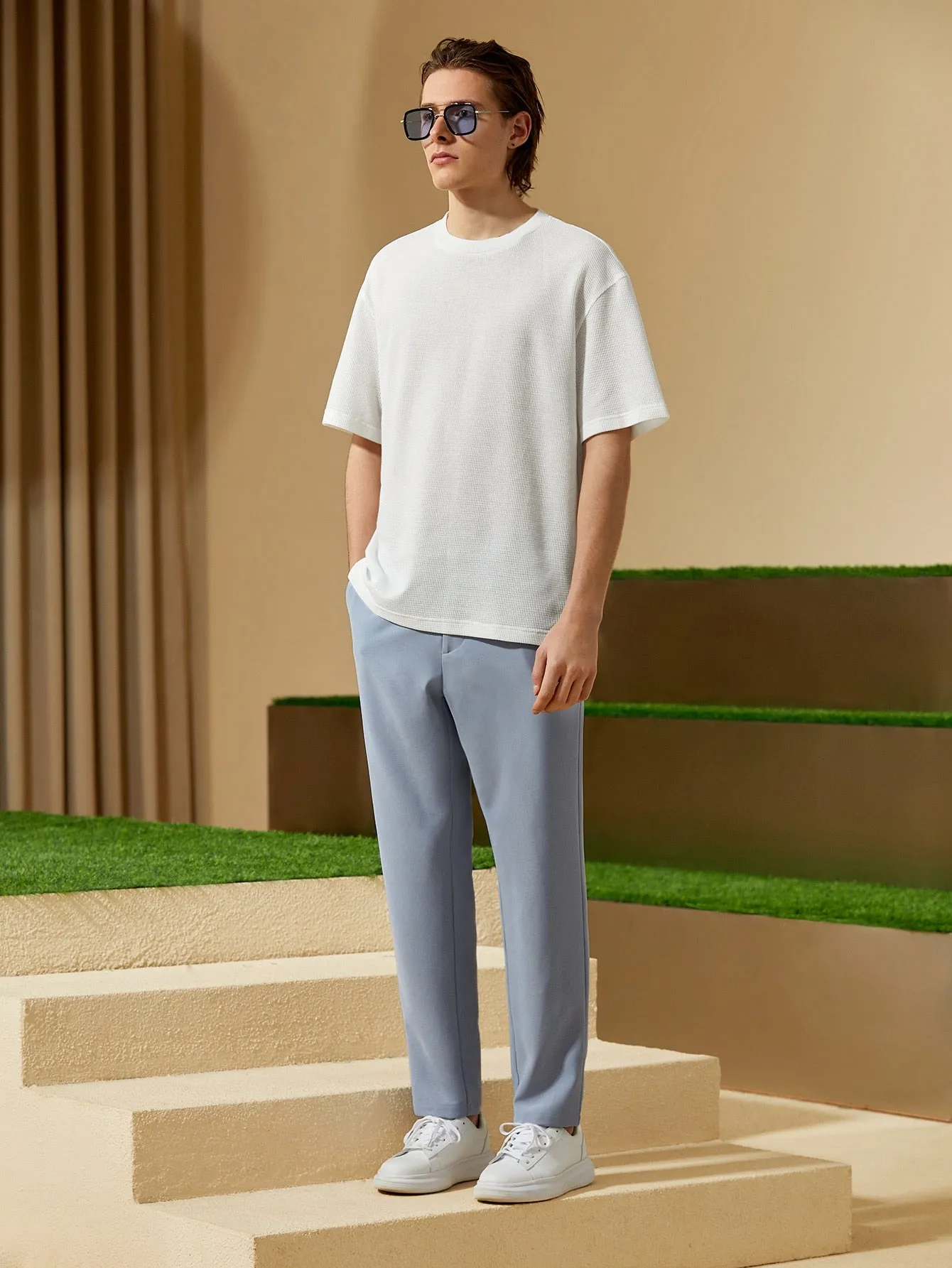 Baby Blue Solid Slant Pocket Zipper Fly Suit Trousers