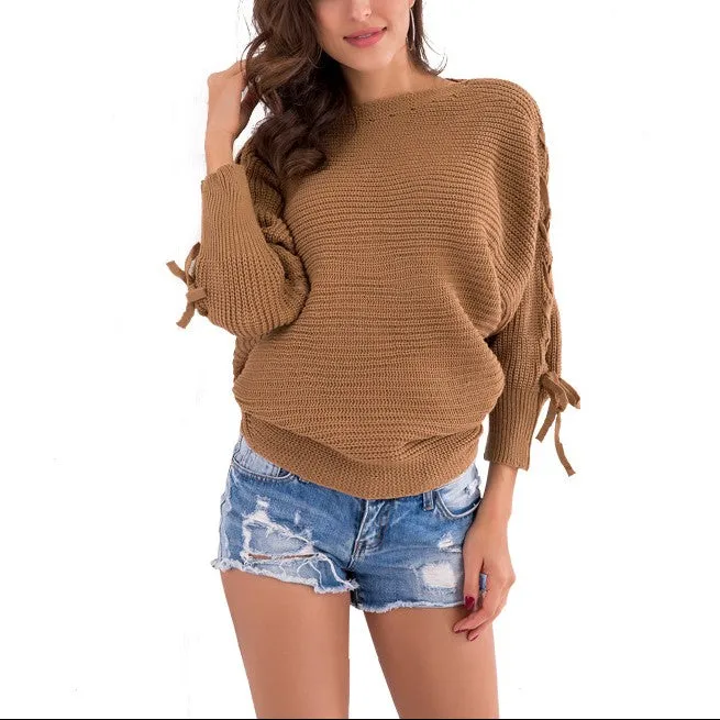 Bandage Solid Color Round Neck Sweaters