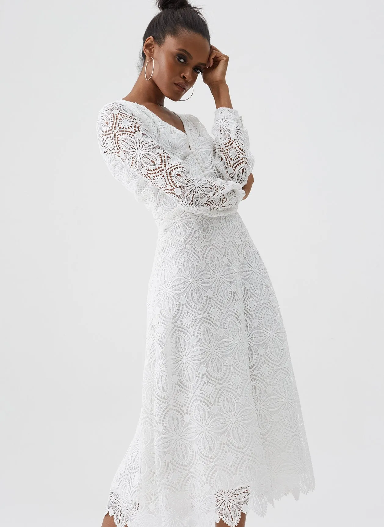 Bardot White Lace V Neck Midi Dress