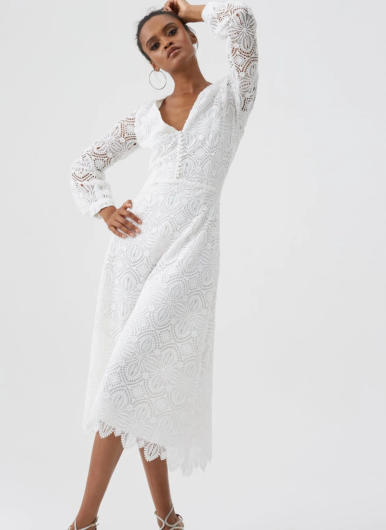 Bardot White Lace V Neck Midi Dress