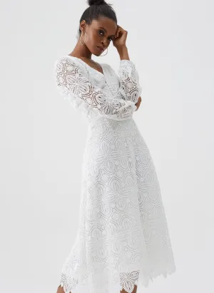 Bardot White Lace V Neck Midi Dress