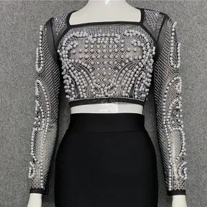 Beading Mesh Sleeve Tank Top