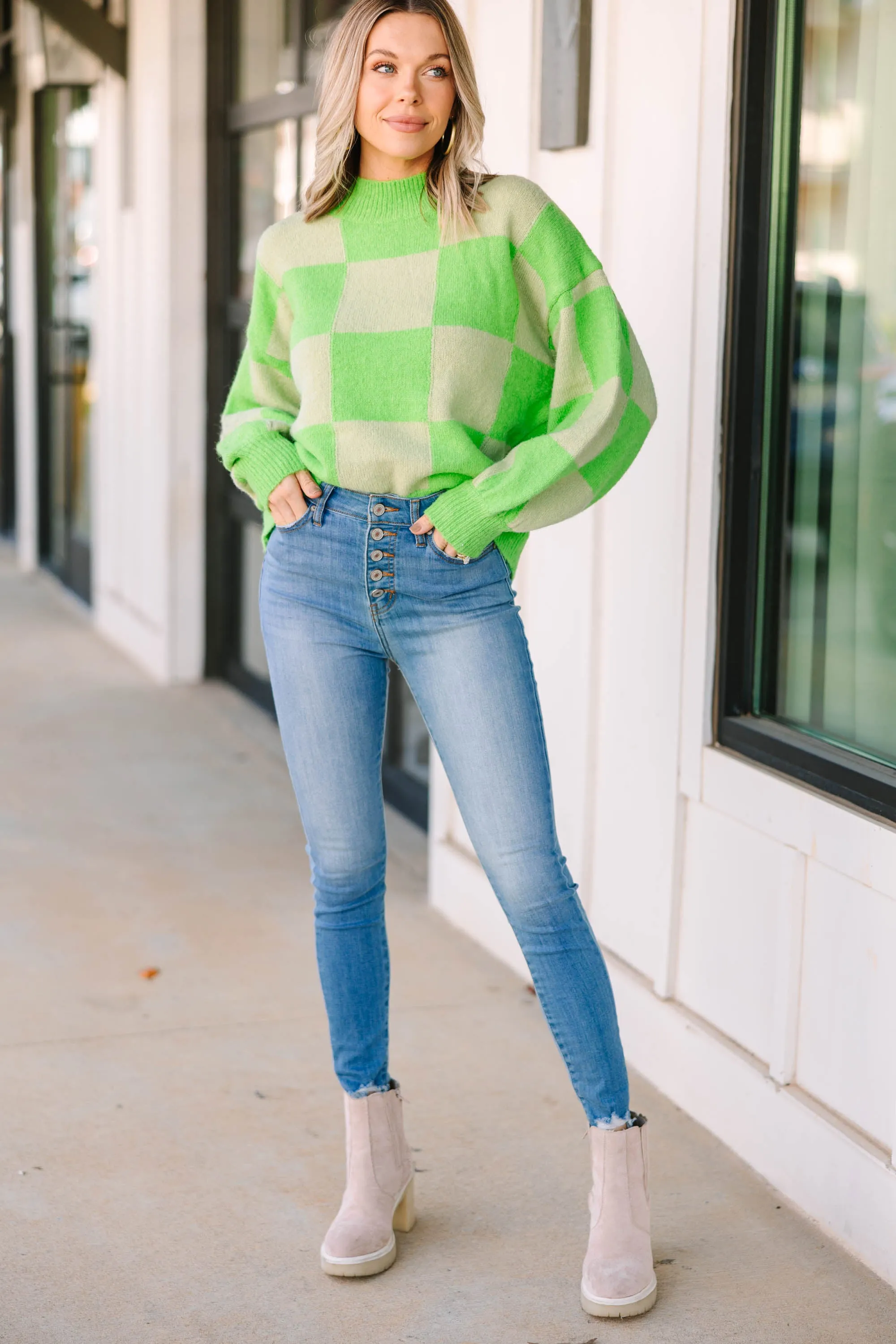 Better Together Lime Green Checkered Sweater