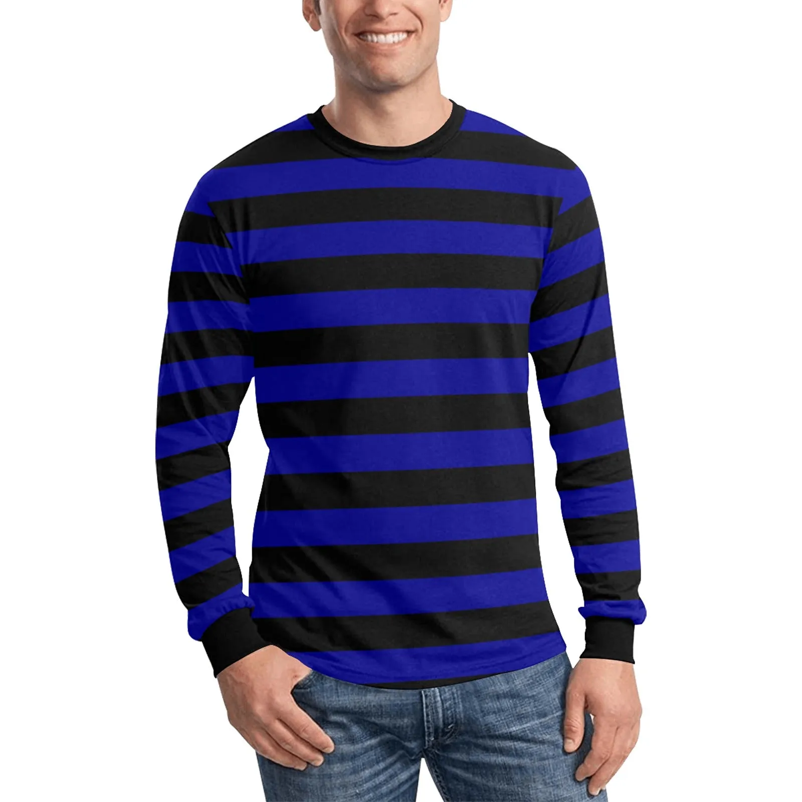 Black and Blue Men Long Sleeve Striped TShirt, Graphic Vintage Retro Broad Stripes Crewneck Unisex Women Designer Male Guys Tee Shirt