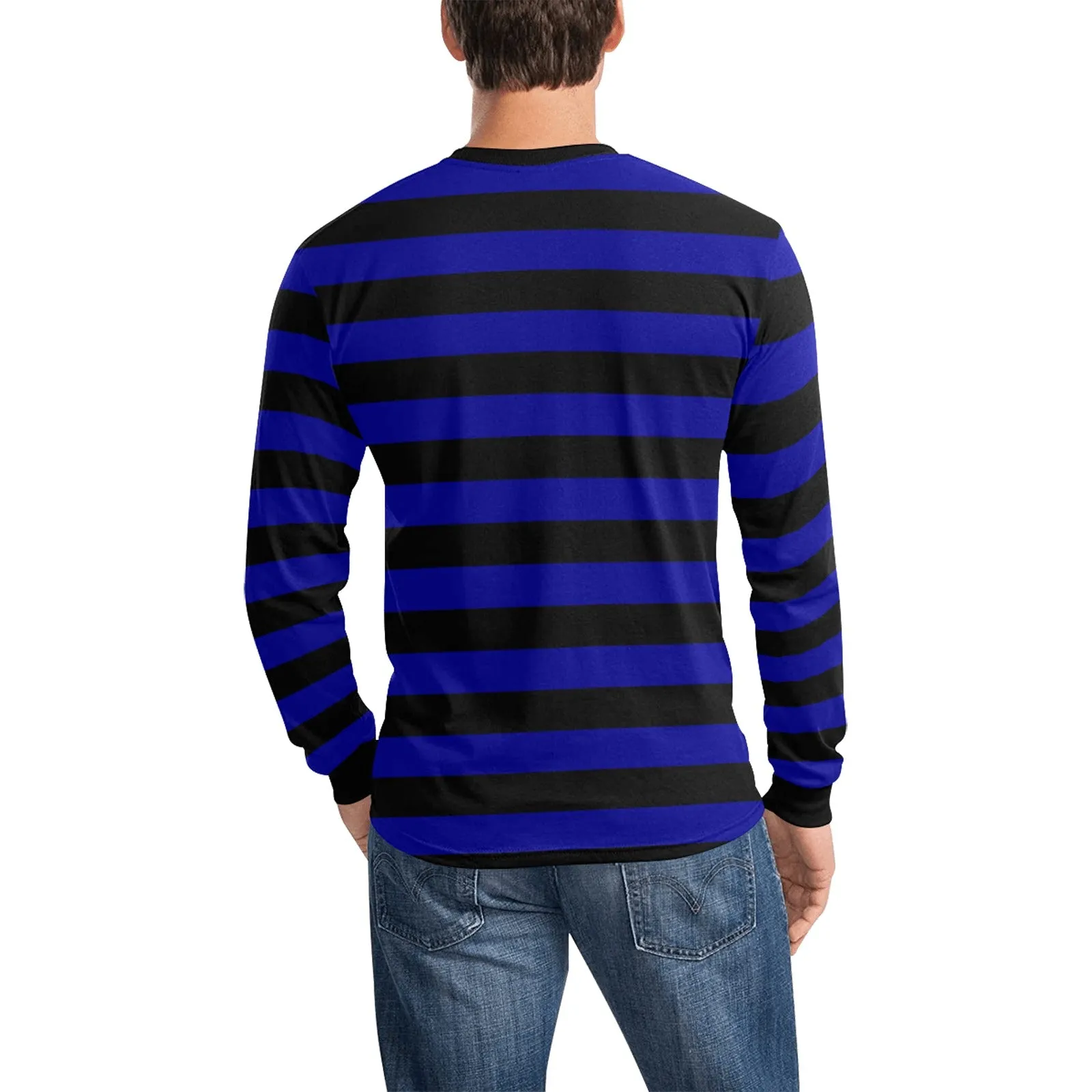 Black and Blue Men Long Sleeve Striped TShirt, Graphic Vintage Retro Broad Stripes Crewneck Unisex Women Designer Male Guys Tee Shirt
