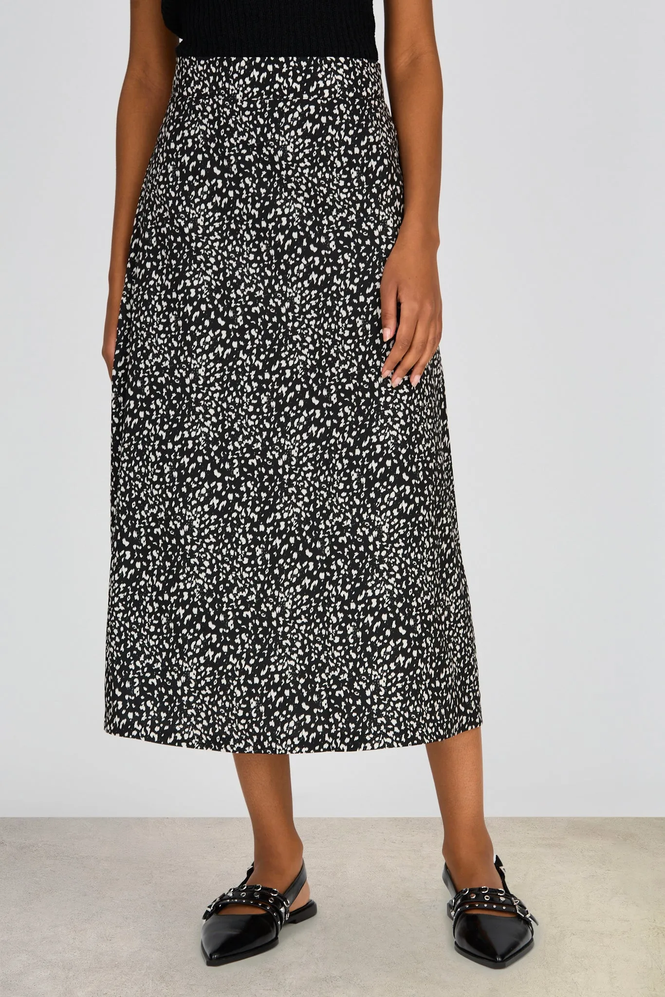 Black and white leopard print silky midi skirt